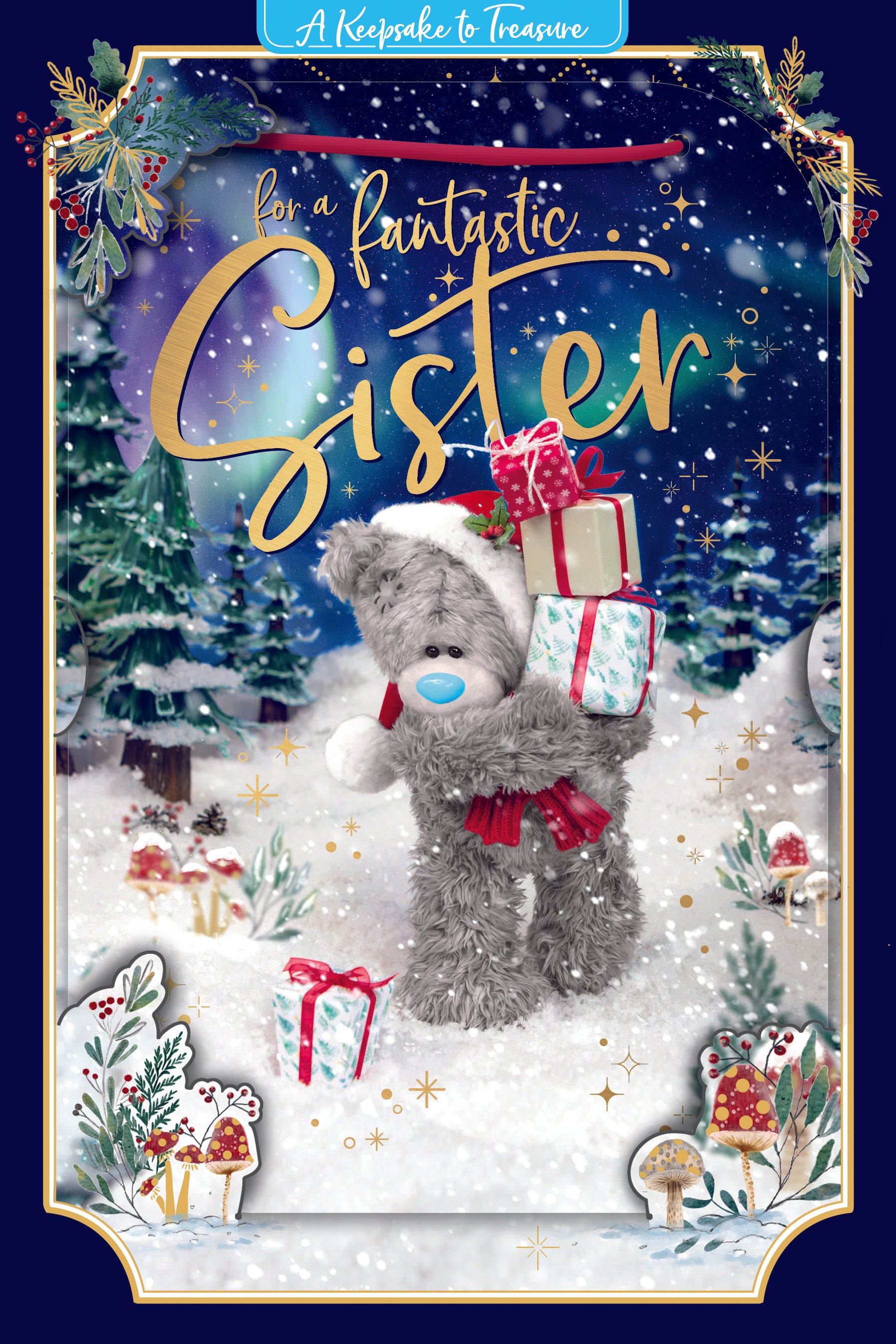 Me to You Tatty Teddy 3D Christmas Keepsake Card For Fantastic Sister, Tatty Teddy With Gift 6x9ins - Official Collection