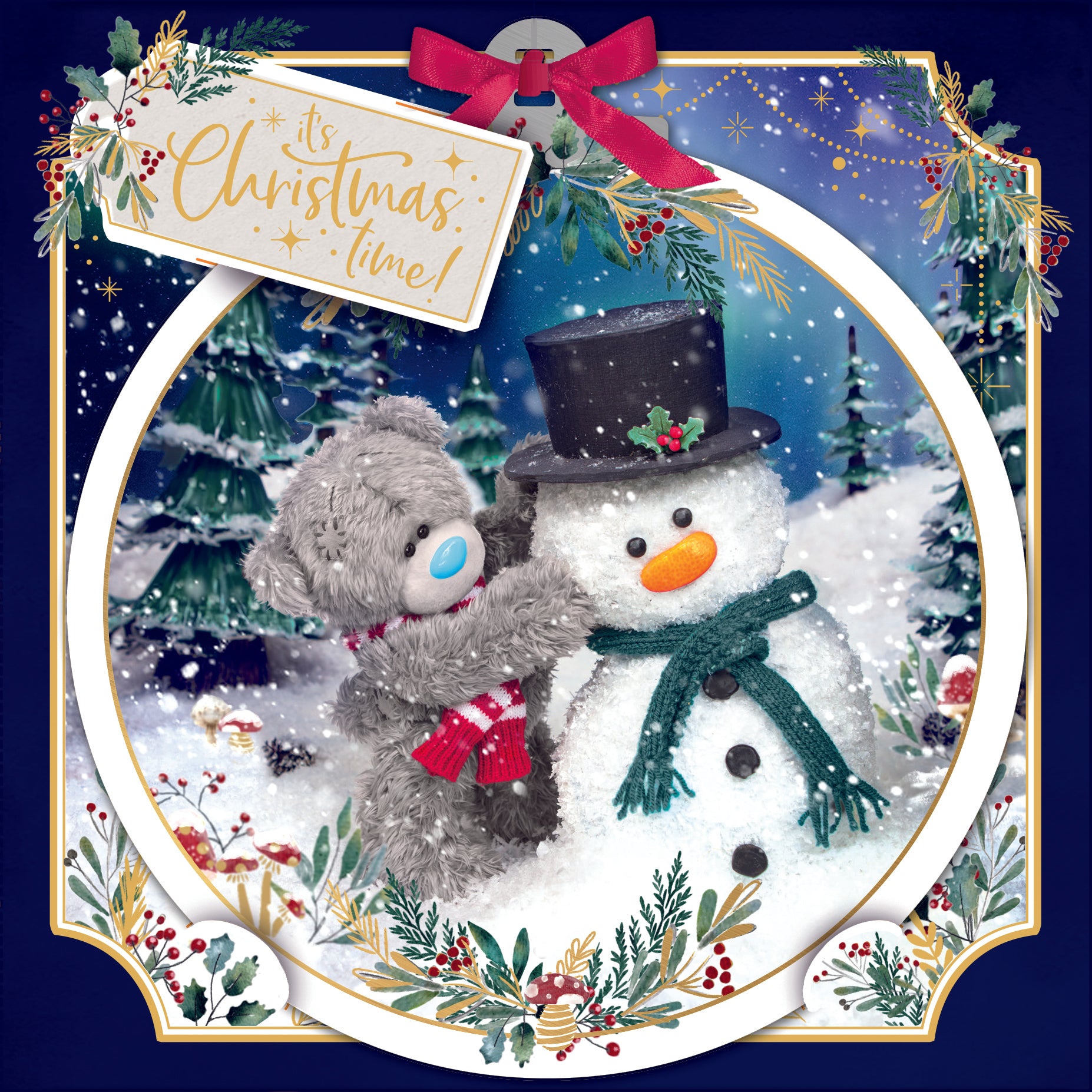 Me to You Tatty Teddy 3D Christmas Card With Keepsake Bauble-Style Plaque, Tatty Teddy Building Snowman 6x6ins - Official Collection