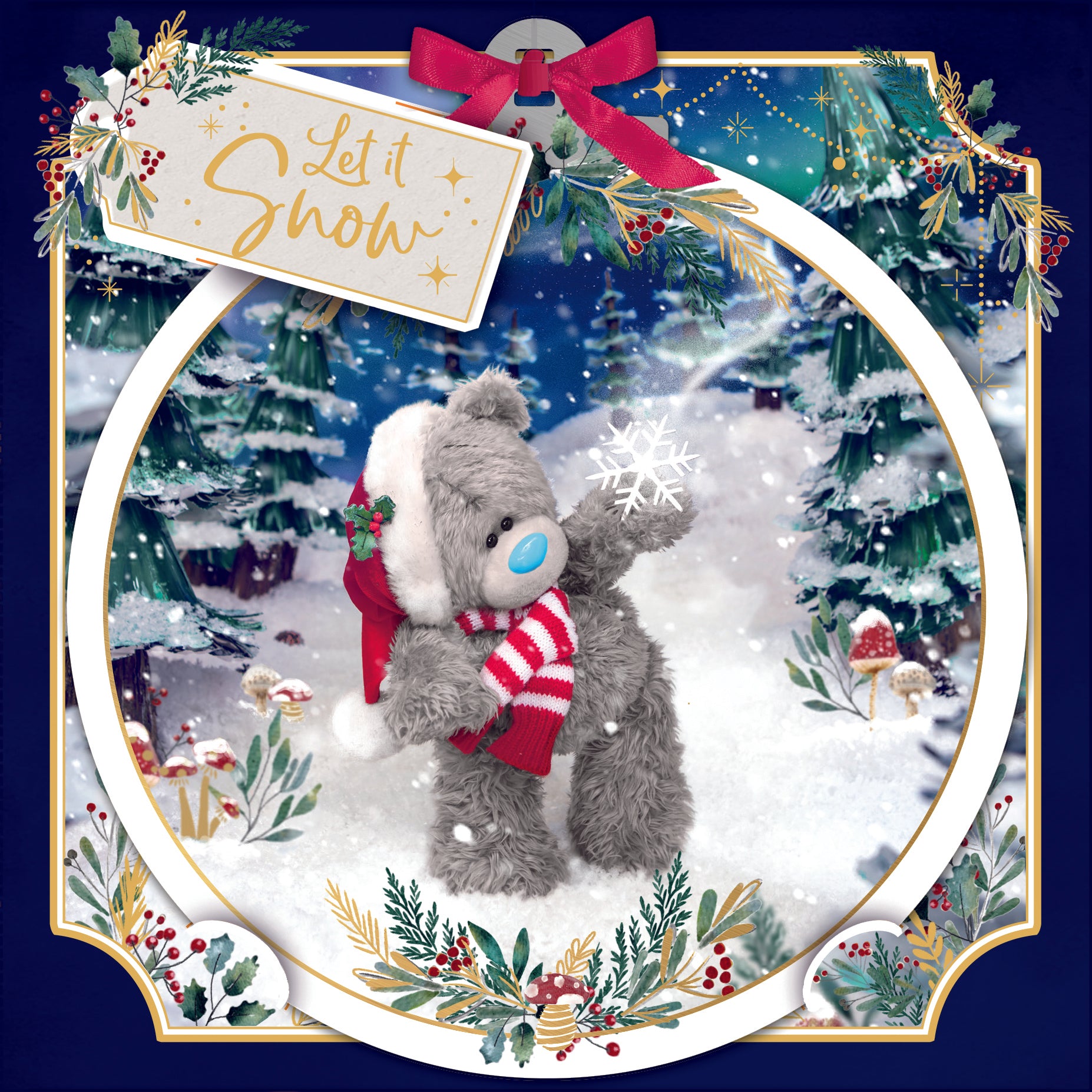 Me to You Tatty Teddy 3D Christmas Card With Keepsake Bauble-Style Plaque, Tatty Teddy Catching Snowflake 6x6ins - Official Collection
