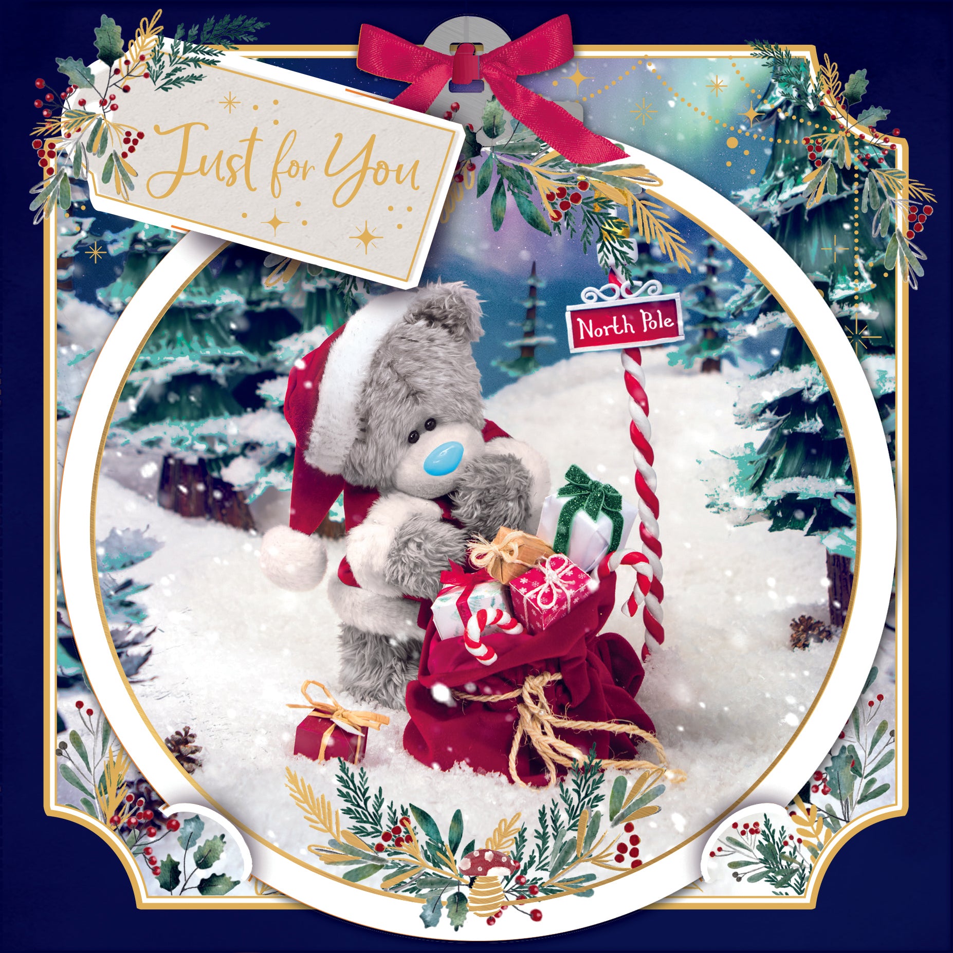 Me to You Tatty Teddy 3D Christmas Card With Keepsake Bauble-Style Plaque, Tatty Teddy With Santa's Sack 6x6ins - Official Collection