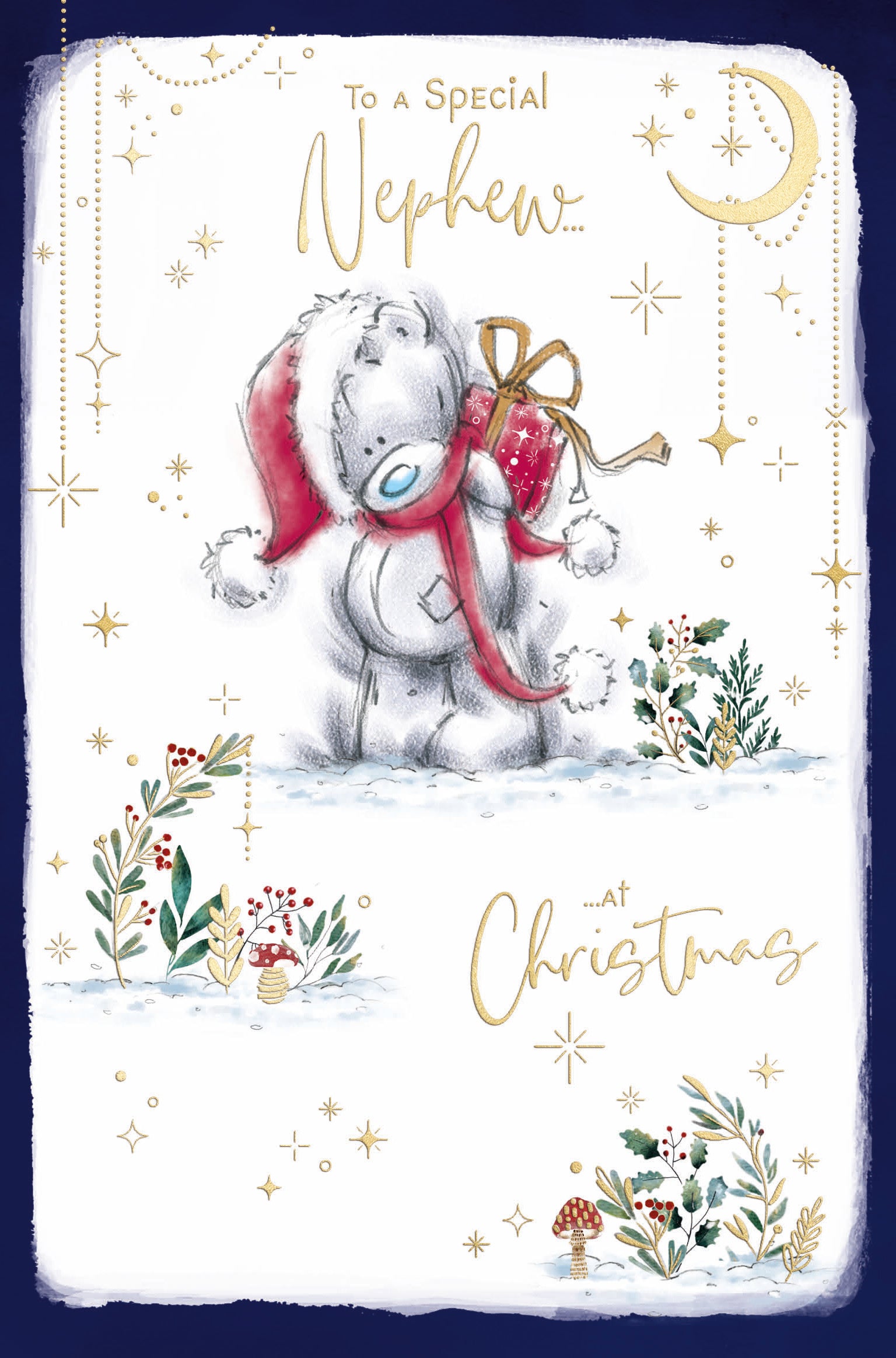 Me To You Tatty Teddy Christmas Card For Special Nephew, Tatty Teddy With Gift 5x8ins - Official Sketchbook Collection