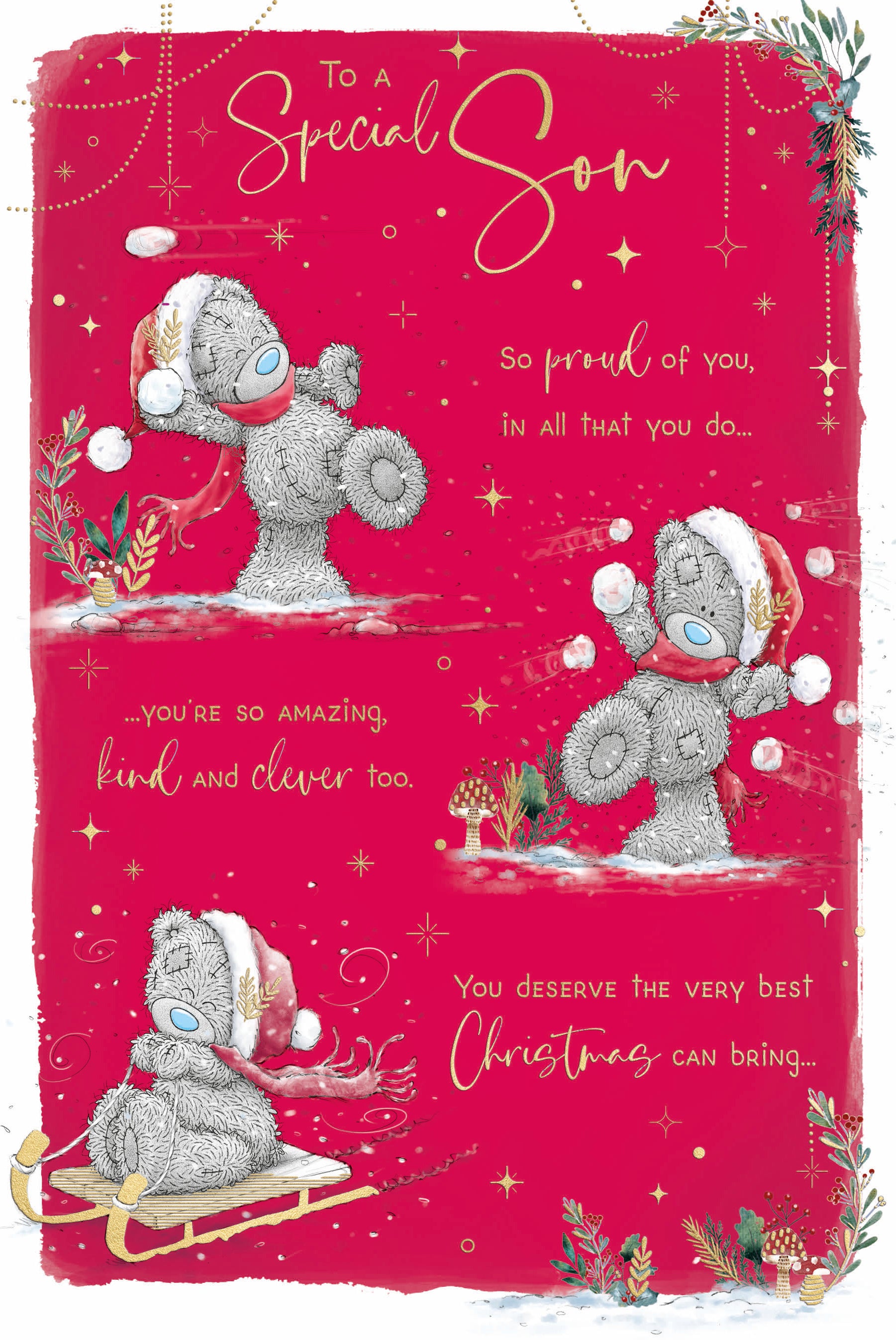 Me To You Tatty Teddy Christmas Card To A Special Son, Tatty Teddy With Snowballs 6x9ins - Official Collection