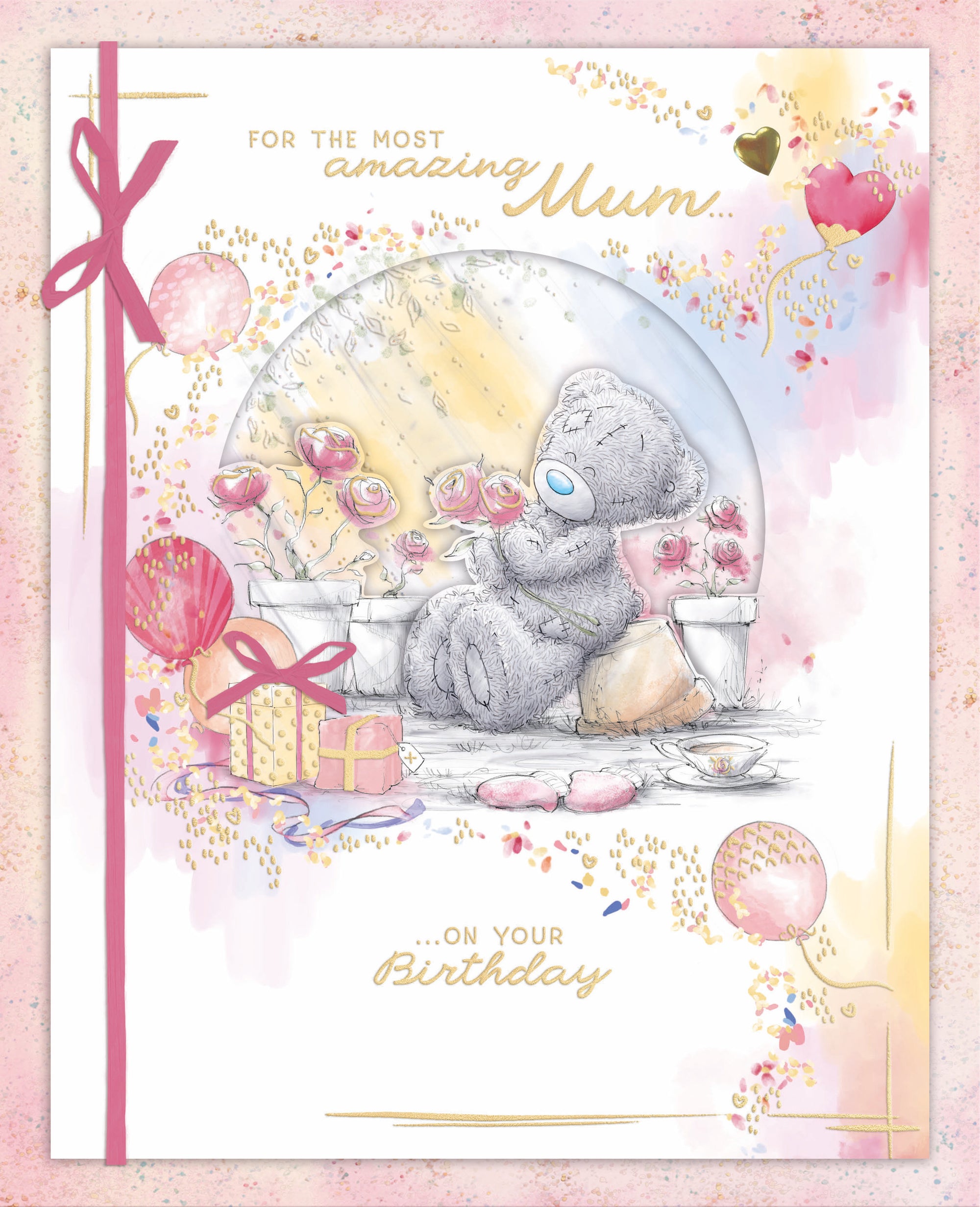 Me To You Tatty Teddy Cute Handmade Birthday Card For The Most Amazing Mum, Tatty Teddy Holding Pink Roses 20 X 25cm - Official Collection