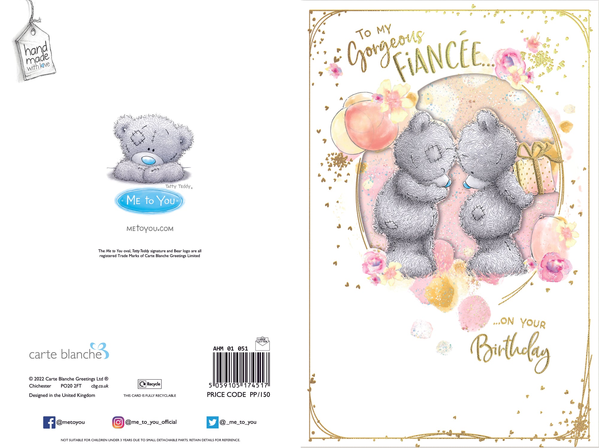 Me to You Tatty Teddy To My Gorgeous Fiancée Luxury Handmade Birthday Card 6x9ins - Official Collection
