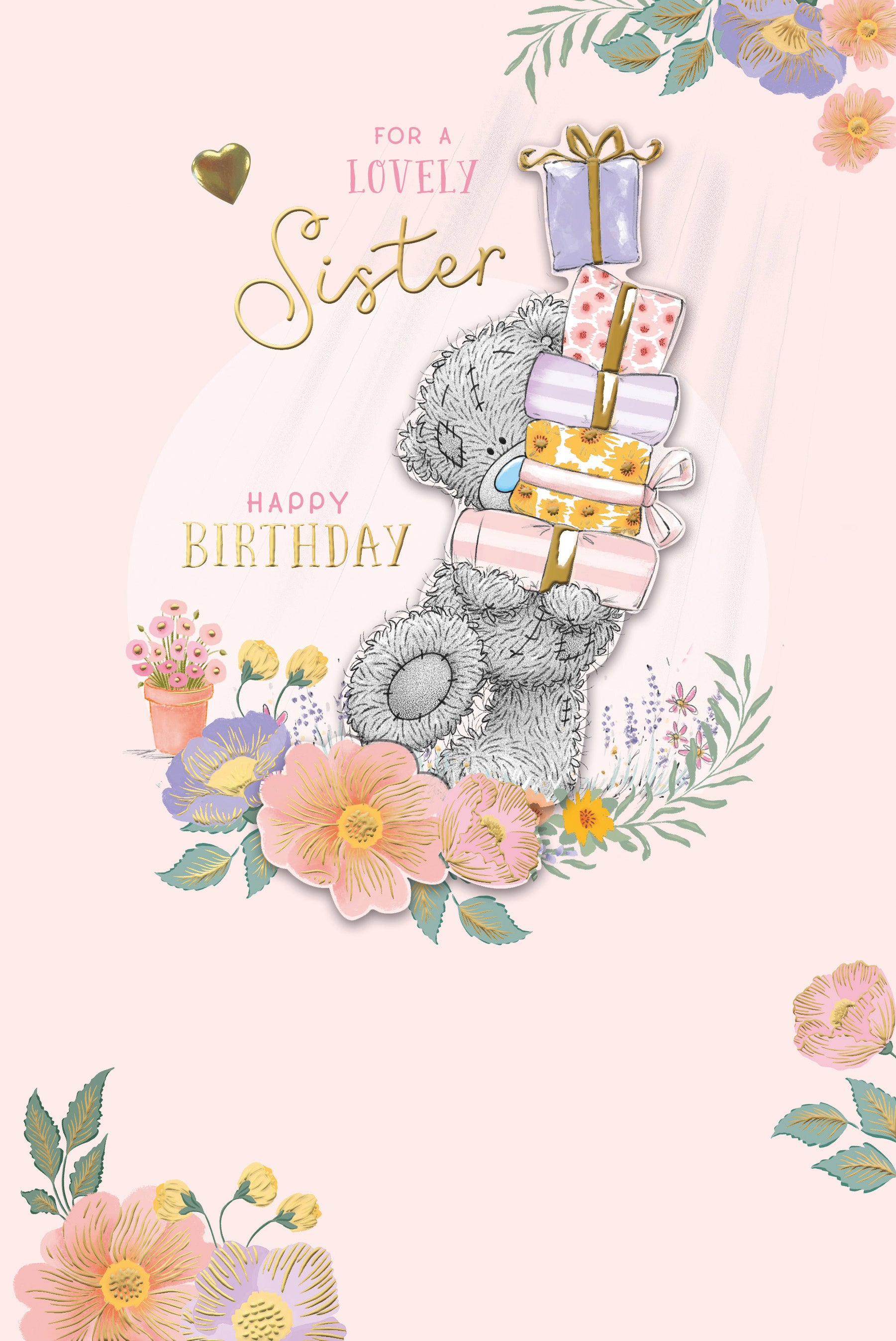 Luxury Birthday Card for Sister ‘For a Lovely Sister Happy Birthday’ Me to You Bear and Gift Design with Gold Foil Detail, 6 x 9 Inches
