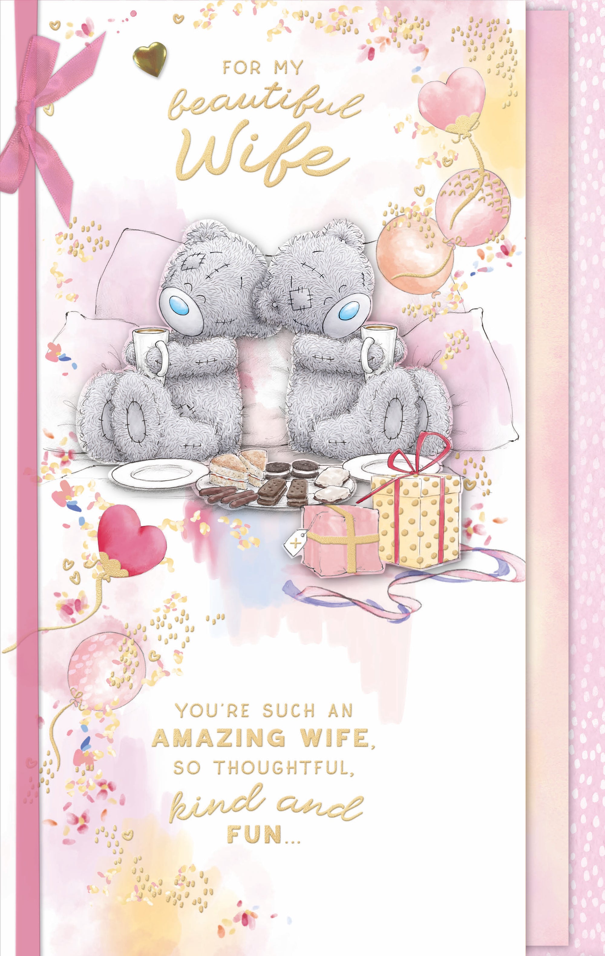 Me to You Tatty Teddy 'For My Beautiful Wife' Bears Drinking Tea Luxury Gold Foil Birthday Day Card With Bow, 7 X 11 Inches - Official Collection