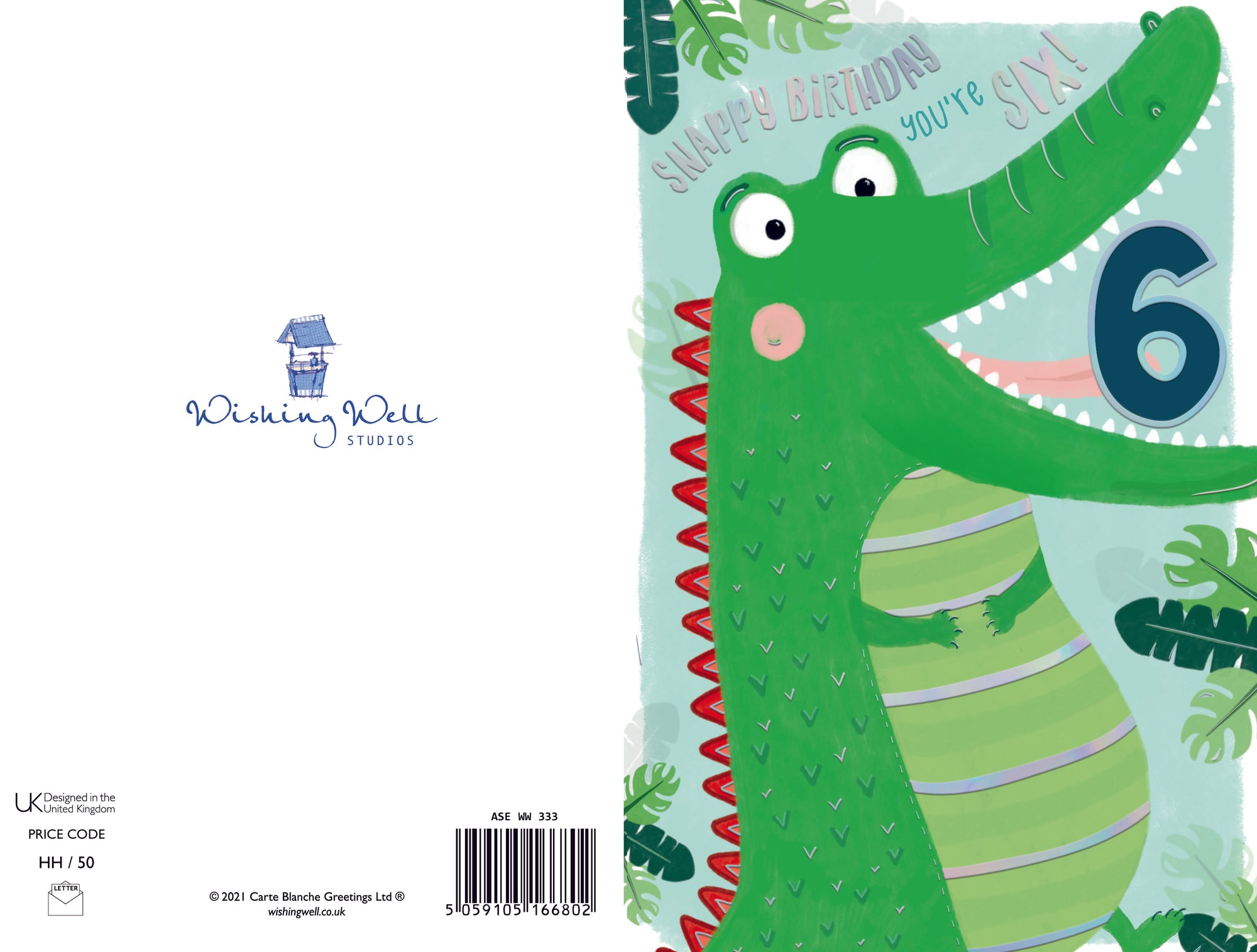 Cute 6th Birthday Card with Fun Crocodile Illustrations 5x8ins by Wishing Well Studios