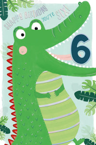 Cute 6th Birthday Card with Fun Crocodile Illustrations 5x8ins by Wishing Well Studios