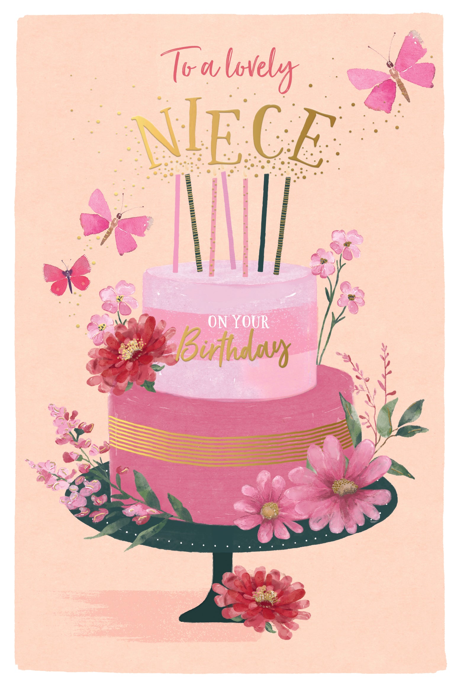 Luxury Gold Foiled Birthday Card 'To A Lovely Niece' designed by Wishing Well Studios 5 X 8 inches
