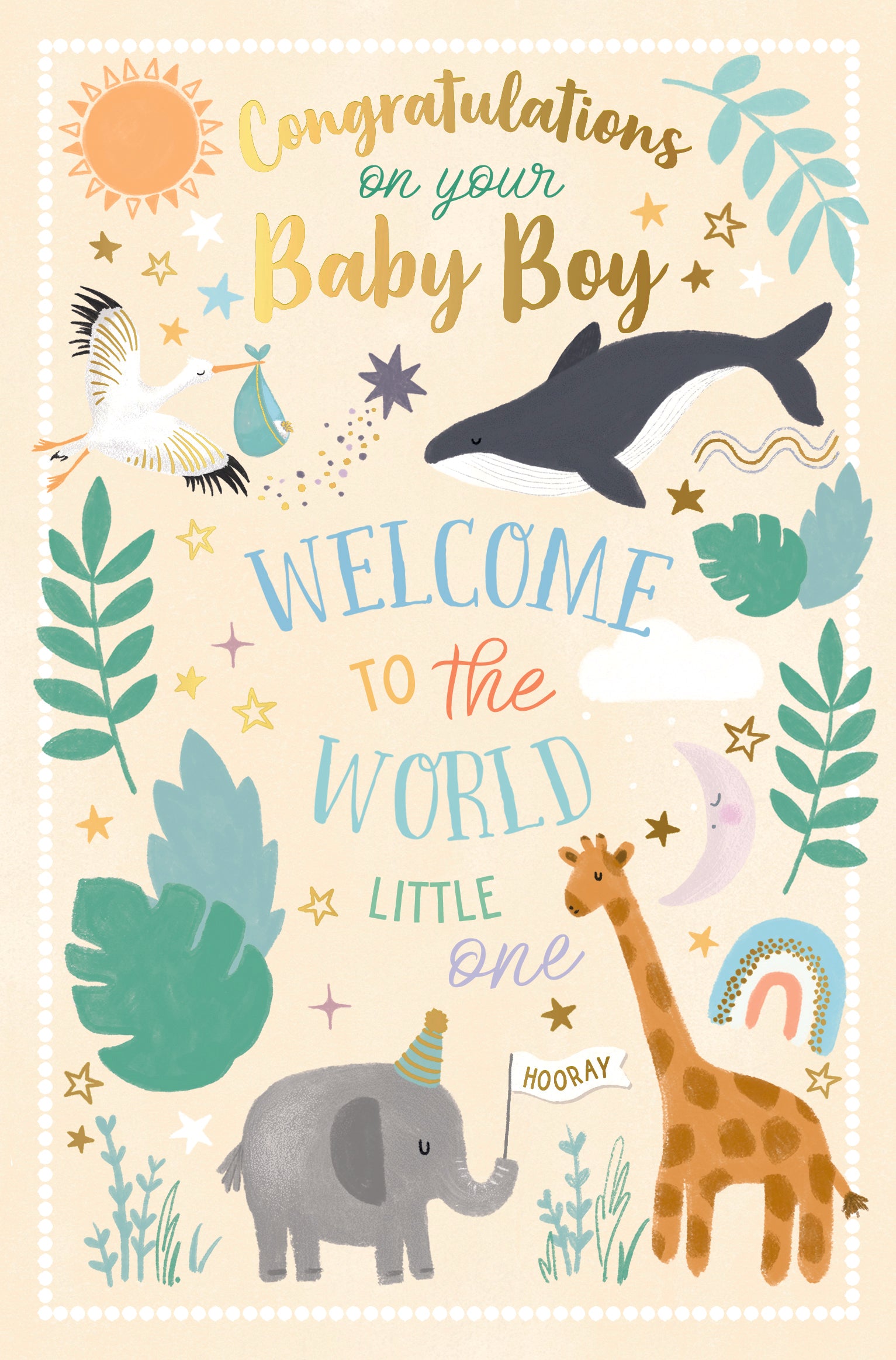 Luxury gold foil 'Welcome To The World Little One' Baby Boy Greeting Card by Wishing Well Studios, 5 X 8 Inches