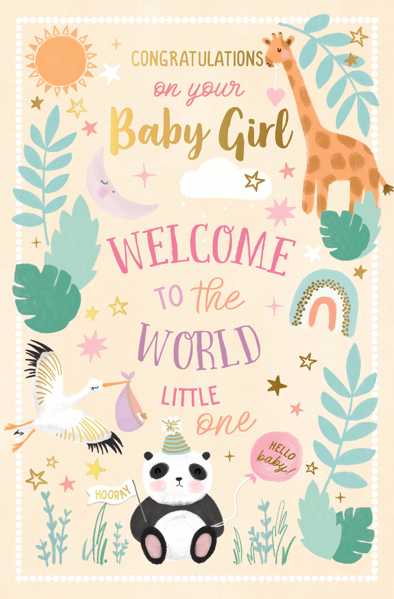 Luxury gold foil 'Welcome To The World Little One' Baby Girl Greeting Card by Wishing Well Studios, 5 X 8 Inches