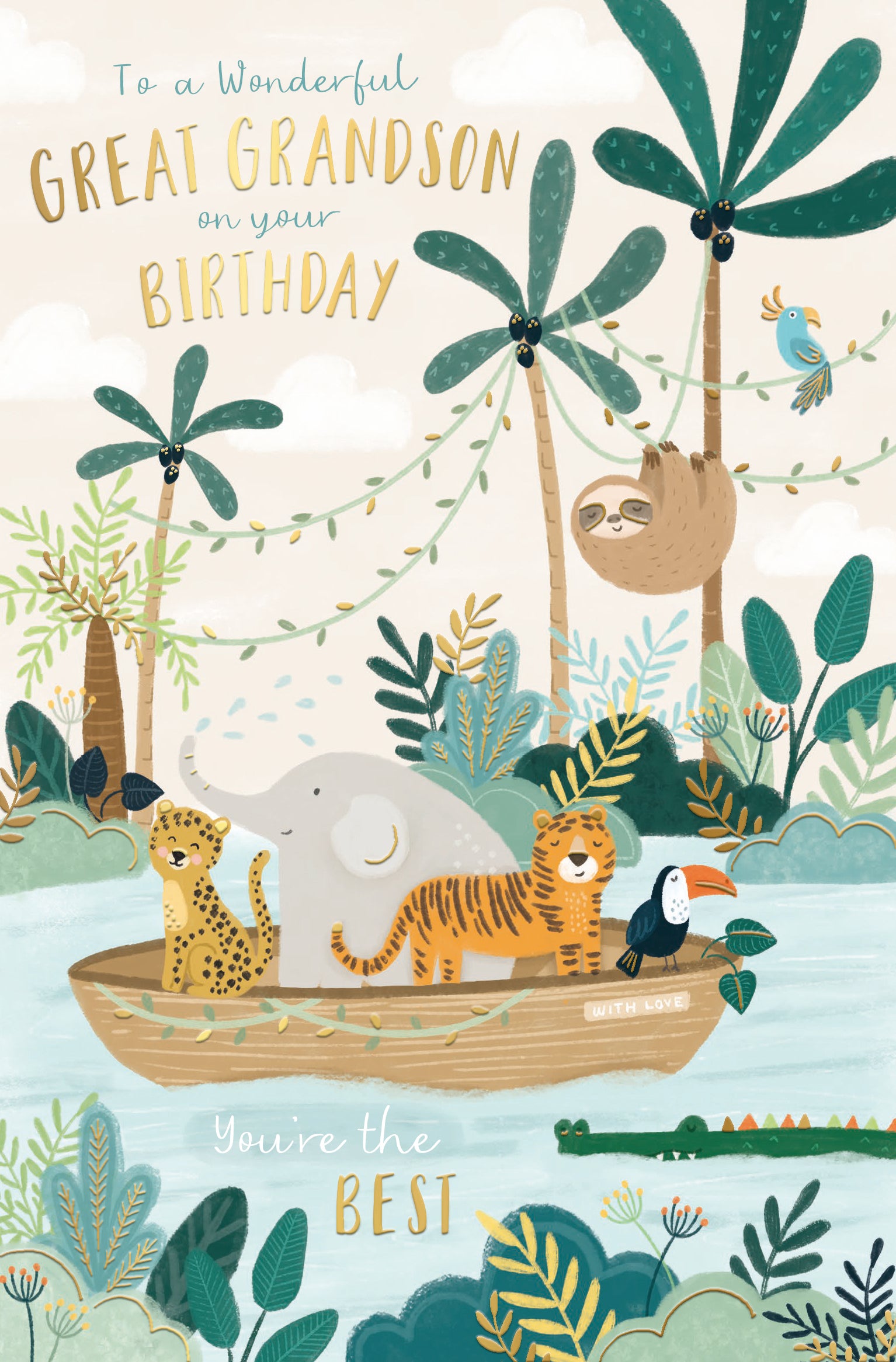 Luxury gold foil 'Wonderful Great Grandson' Birthday Card by Wishing Well Studios, 5 X 8 Inches