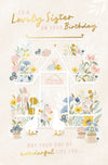 Luxury gold foil 'To A Lovely Sister' Greenhouse Filled With Flowers Birthday Card by Wishing Well Studios, 5 X 8 Inches