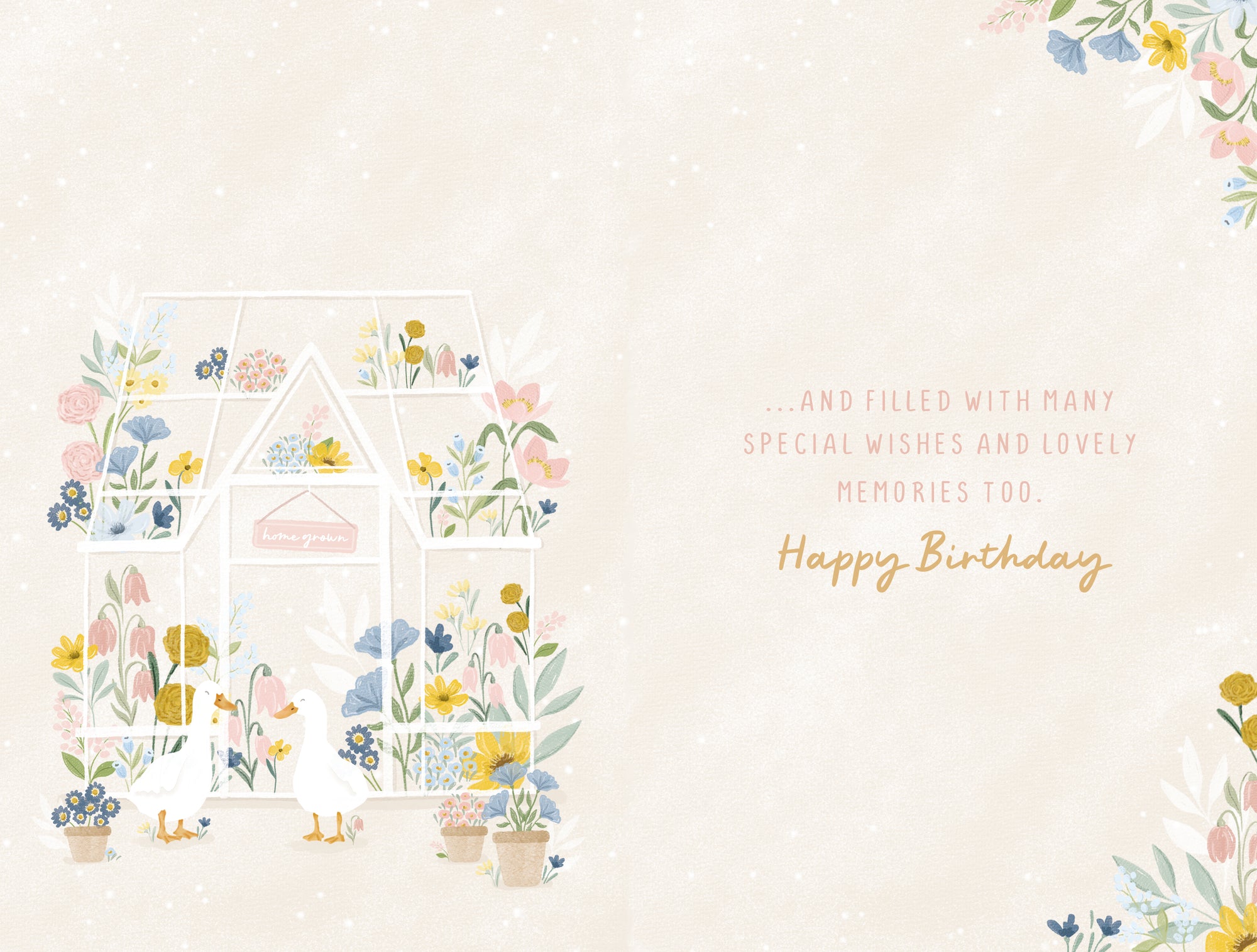 Luxury gold foil 'To A Lovely Sister' Greenhouse Filled With Flowers Birthday Card by Wishing Well Studios, 5 X 8 Inches