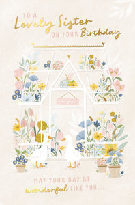 Luxury gold foil 'To A Lovely Sister' Greenhouse Filled With Flowers Birthday Card by Wishing Well Studios, 5 X 8 Inches