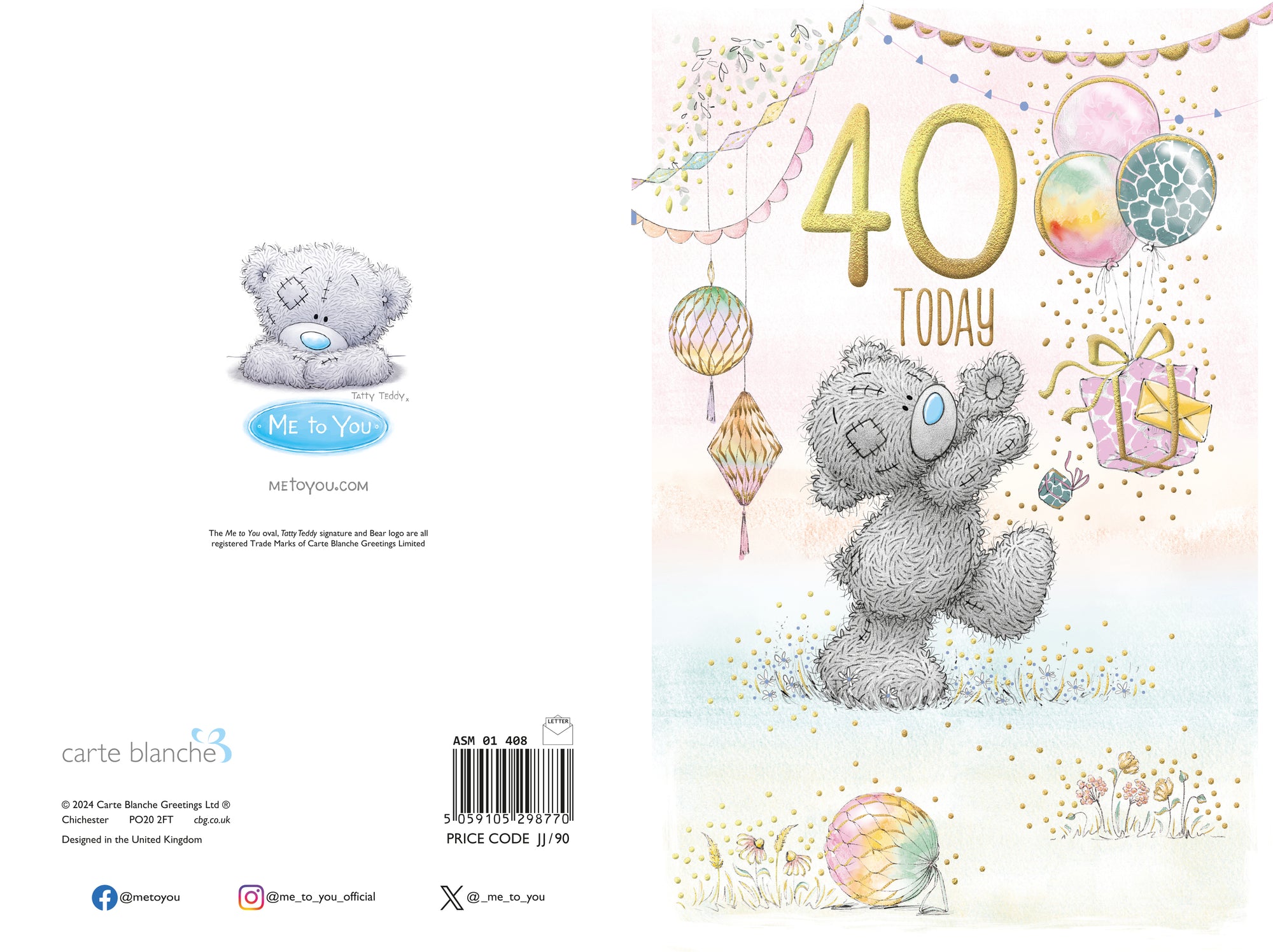 Me to You Tatty Teddy Cute 40th Birthday Card Bear Chasing Balloons -  6 x 9