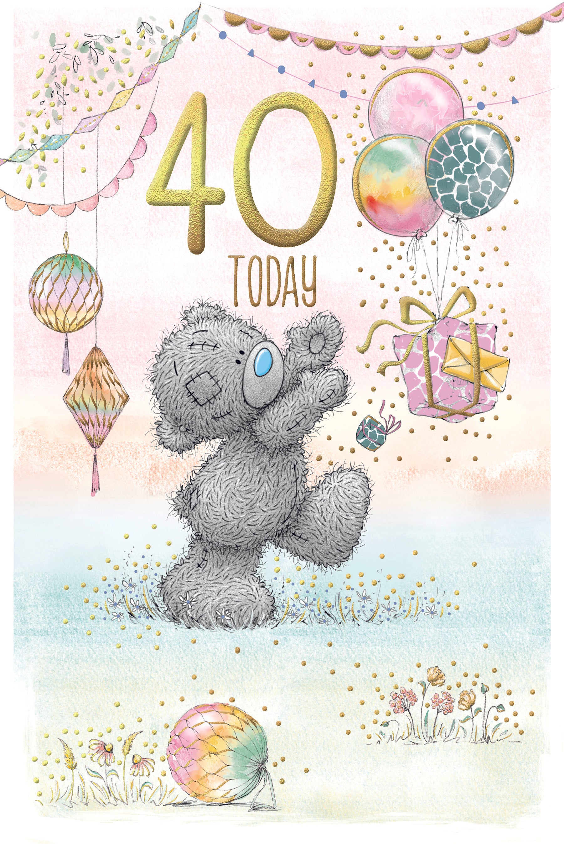 Me to You Tatty Teddy Cute 40th Birthday Card Bear Chasing Balloons -  6 x 9