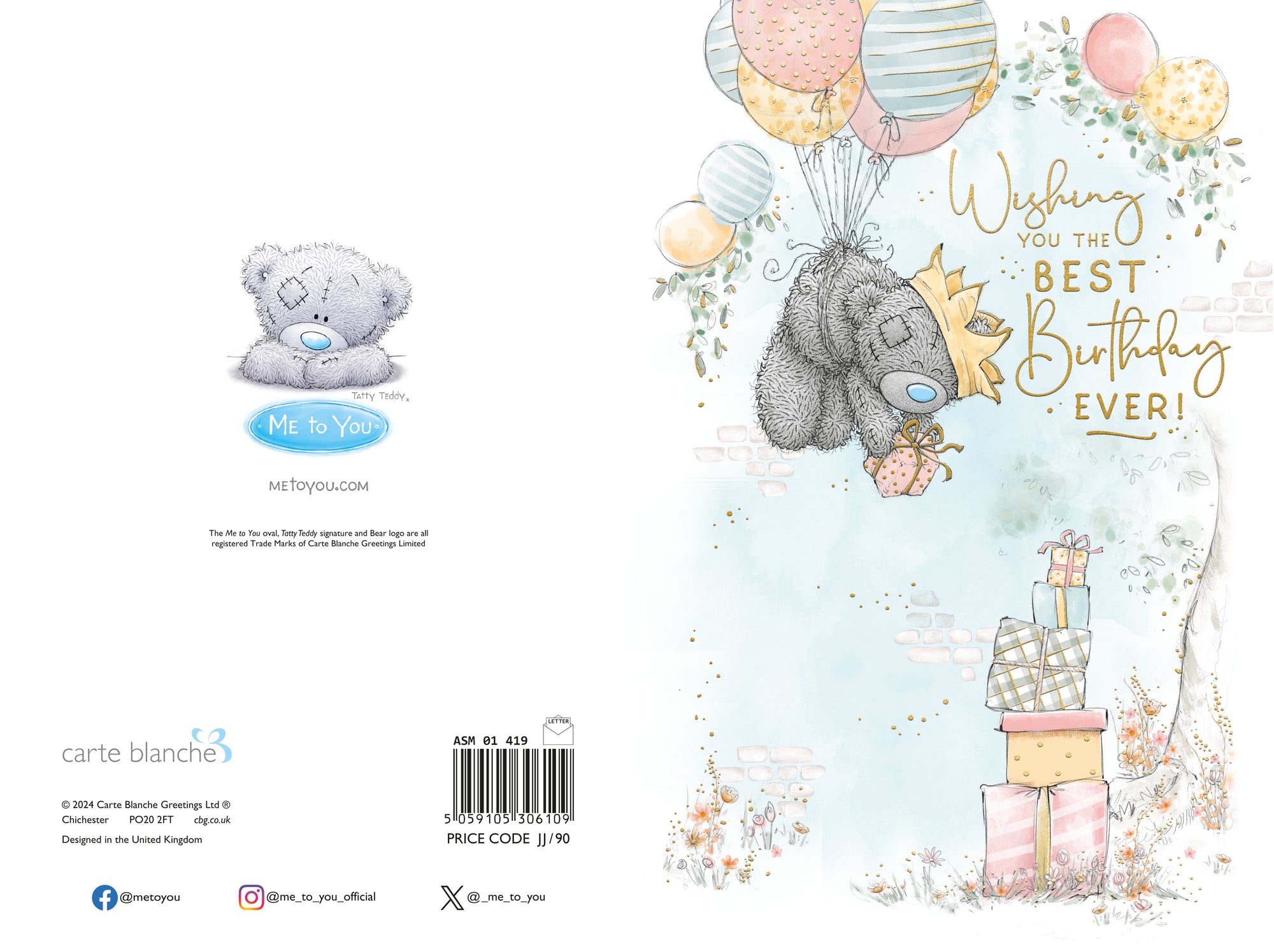 Me to You Tatty Teddy Birthday Card, Bear Floating With Balloons -  6 x 9
