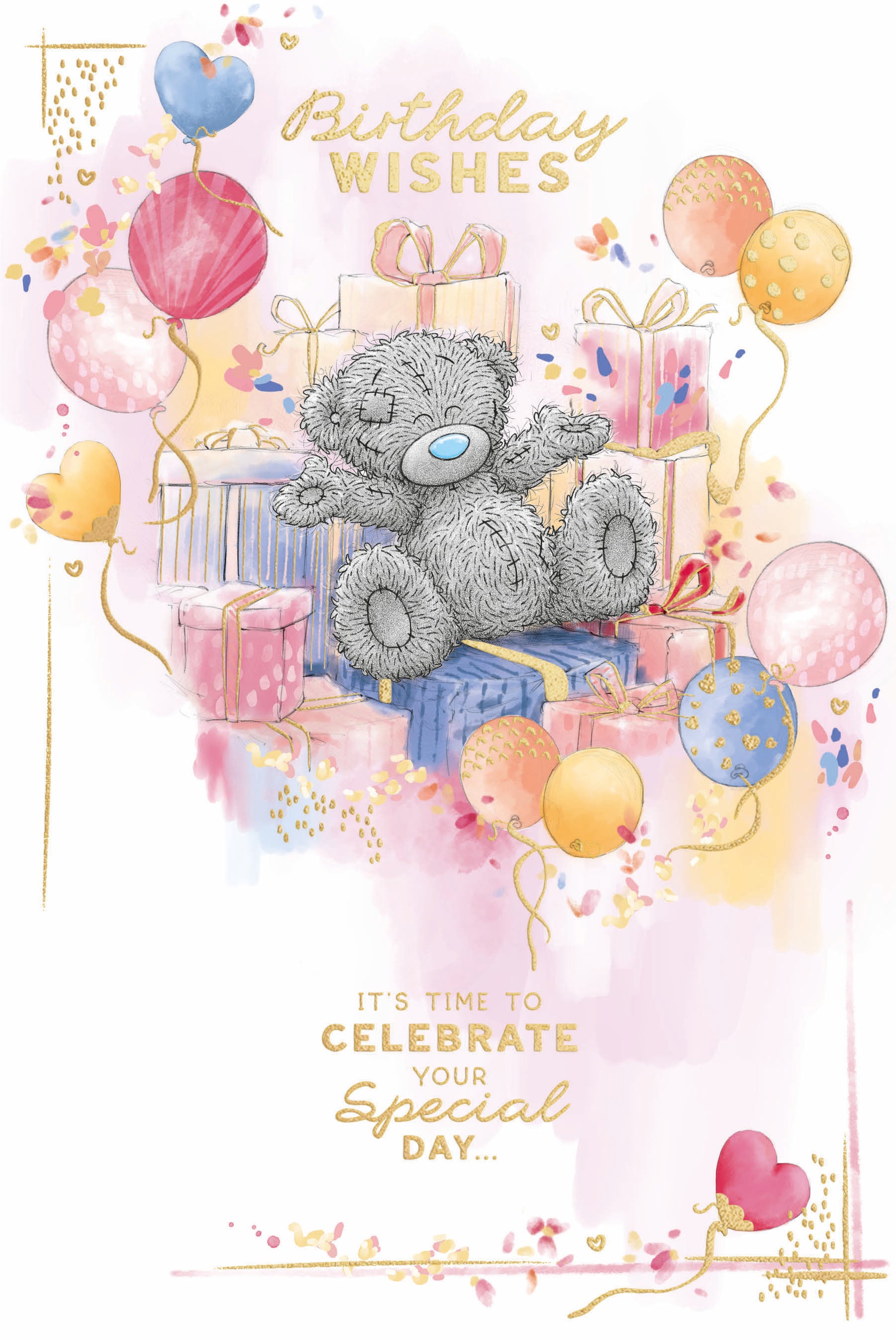 Me To You Tatty Teddy Cute Birthday Card For Friends Or Family, Tatty Teddy Sat Amongst Gifts And Balloons 15.2 x 22.8 cm - Official Collection