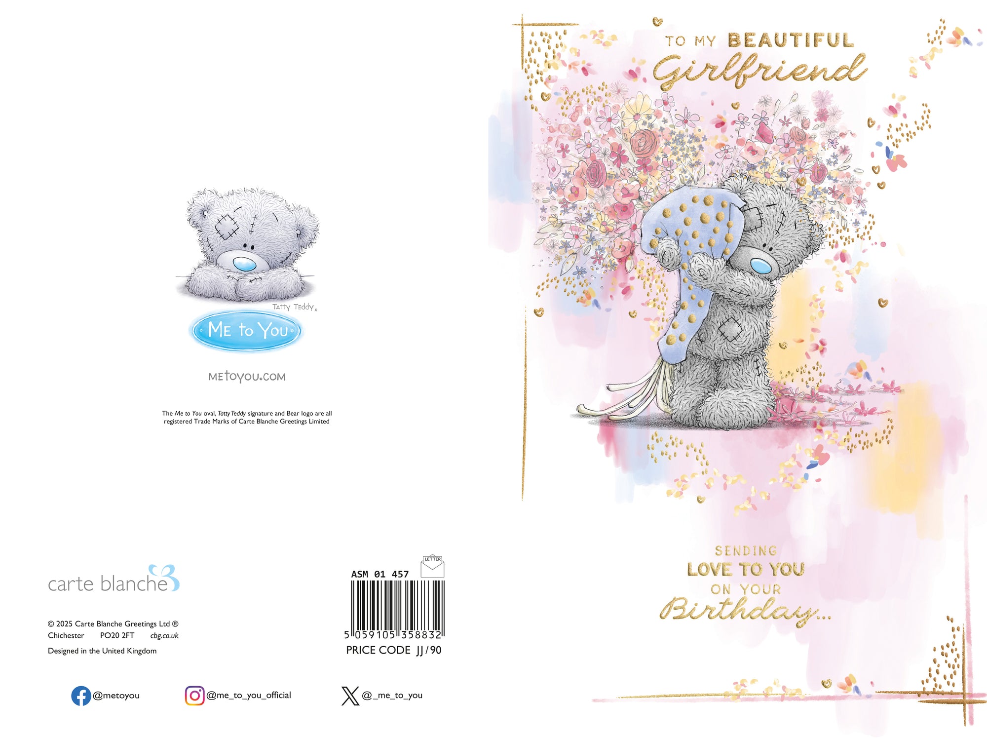 Me To You Tatty Teddy Cute Birthday Card To My Beautiful Girlfriend, Tatty Teddy Holding A Bouquet Of Flowers 15.2 X 22.8 cm - Official Collection