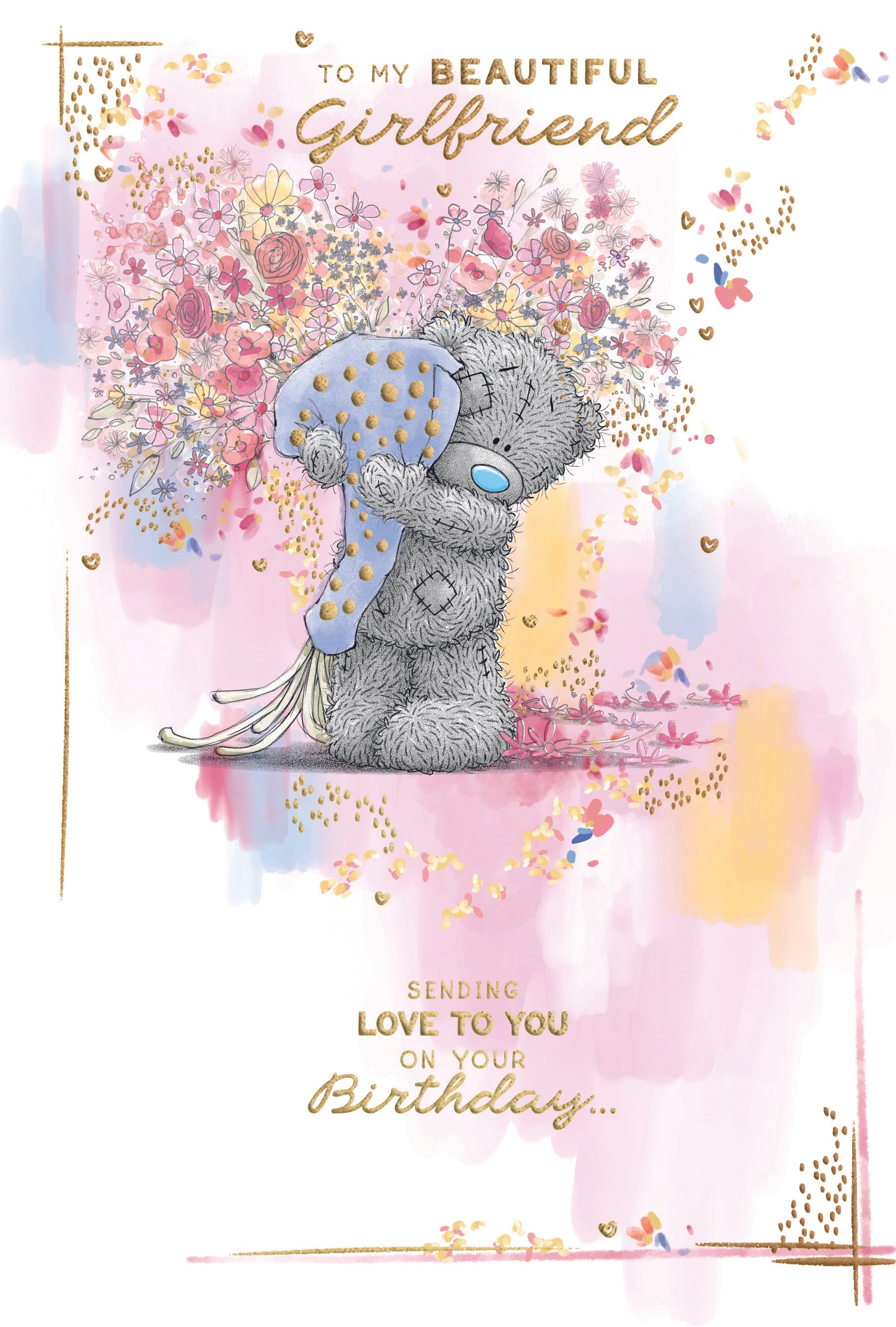 Me To You Tatty Teddy Cute Birthday Card To My Beautiful Girlfriend, Tatty Teddy Holding A Bouquet Of Flowers 15.2 X 22.8 cm - Official Collection