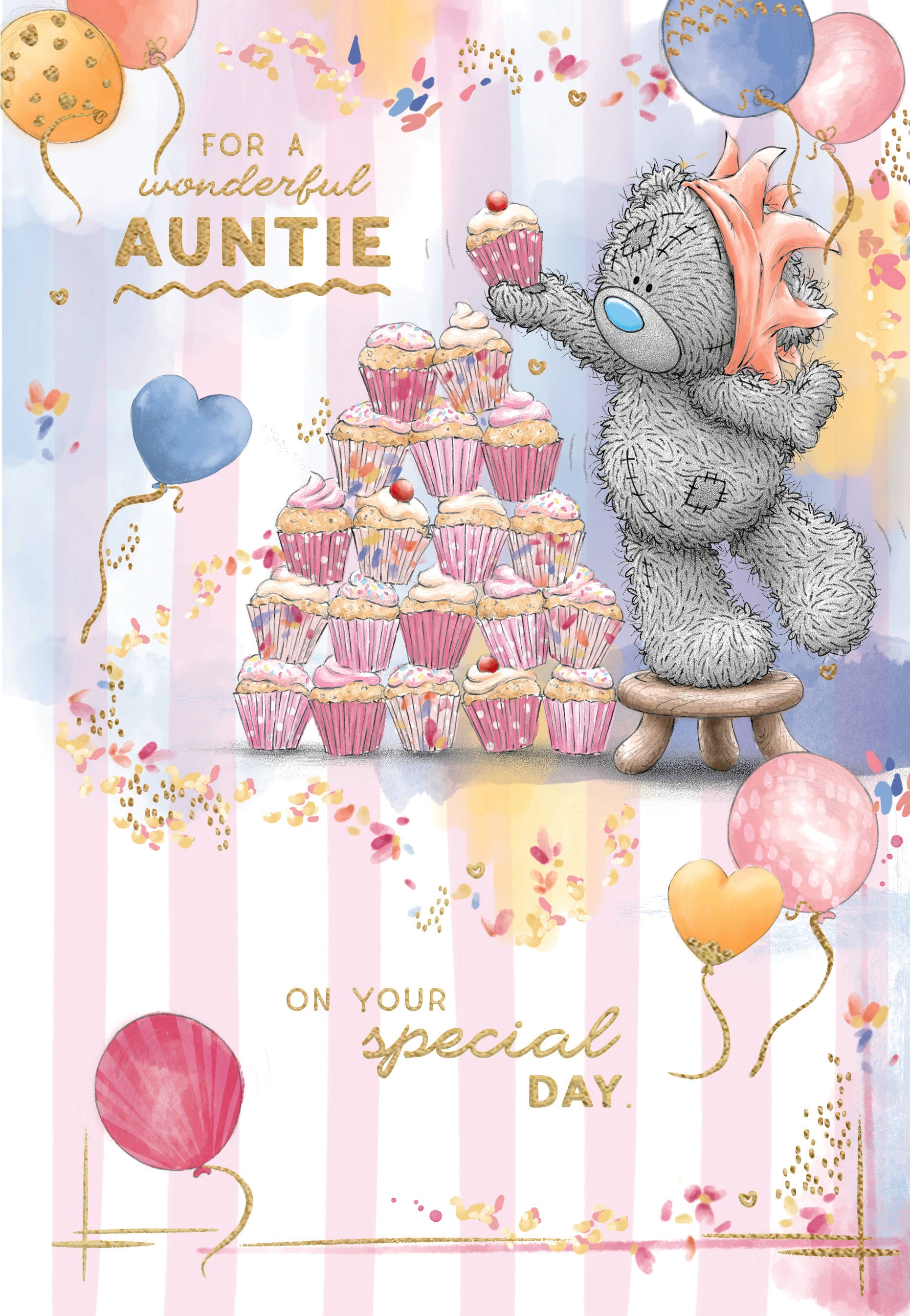 Me To You Tatty Teddy Wonderful Auntie Bear Stacking Cupcakes Luxury Gold Foil Birthday Card, 6 X 9 Inches - Official Collection
