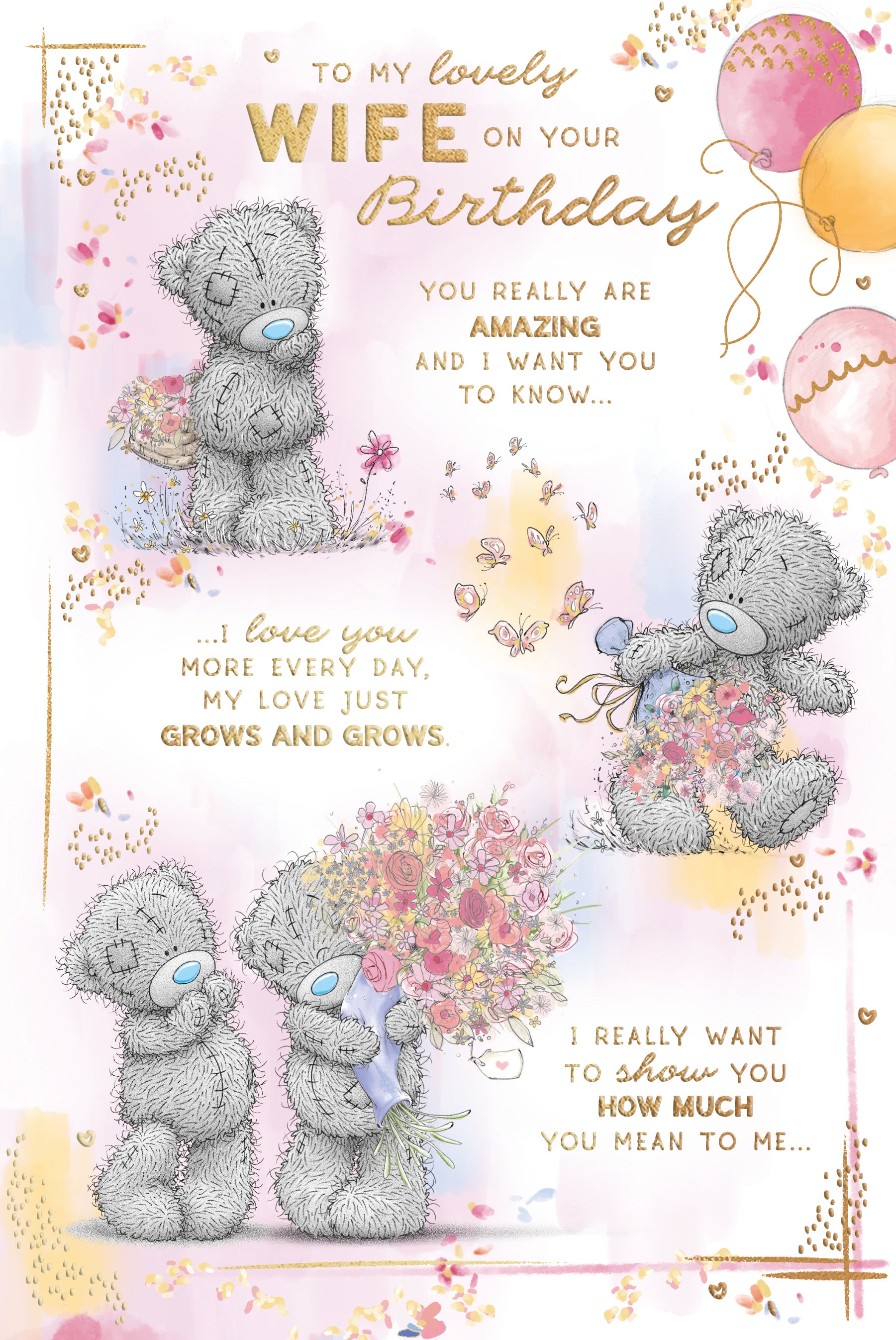 Me To You Tatty Teddy Lovely Wife Bear With Flowers Luxury Gold Foil Birthday Card, 6 X 9 Inches - Official Collection