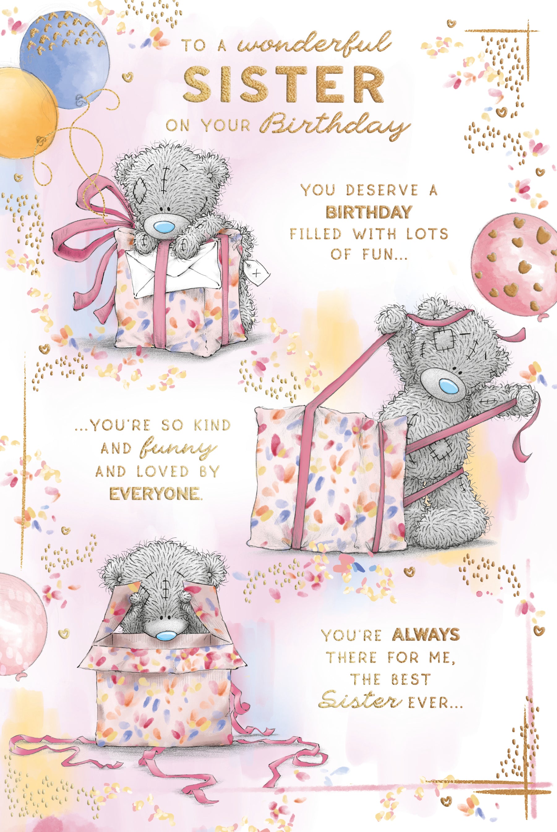 Me To You Tatty Teddy Wonderful Sister Bear With Gifts Luxury Gold Foil Birthday Card, 6 X 9 Inches - Official Collection