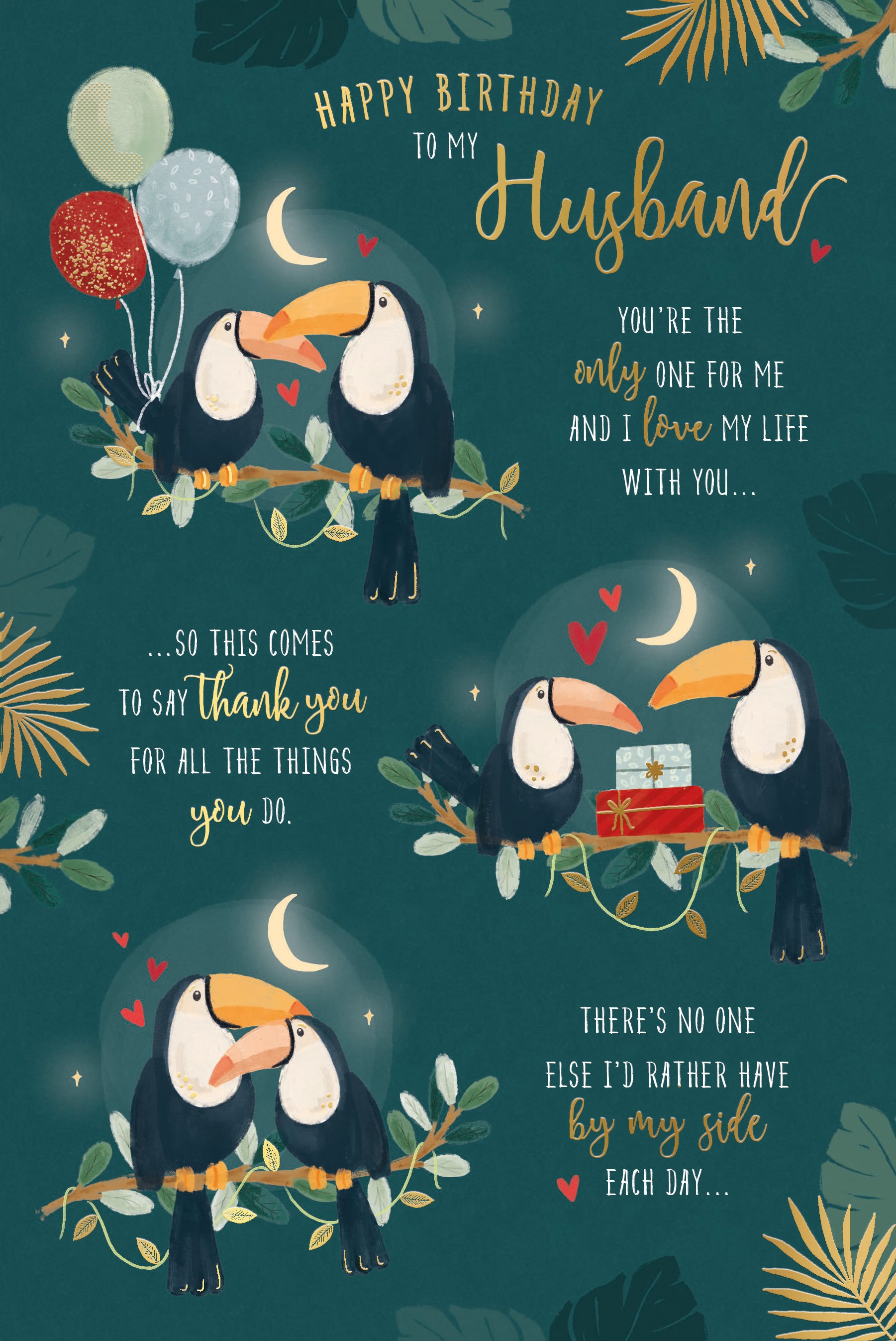 Cute Birthday Card To My Husband, Toucans Design With Loving Words by Wishing Well Studios. 6 X 9 Inches