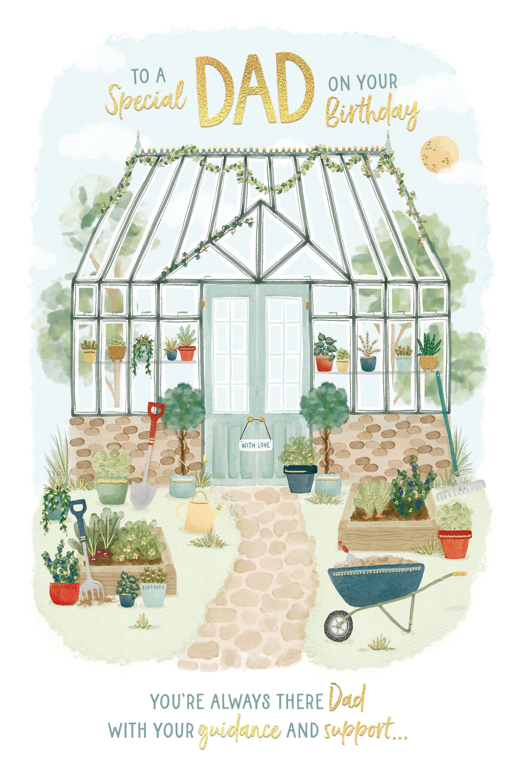 Luxury Birthday Card 'To A Special Dad', Greenhouse And Garden Design With Foil Detail By Wishing Well Studios, Size 6 X 9 Inches