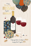 Luxury Birthday Card 'To My Amazing Husband', Red Wine, Gifts And Balloons Design With Shimmering Foil Detail By Wishing Well Studios, Size 6 X 9 Inches
