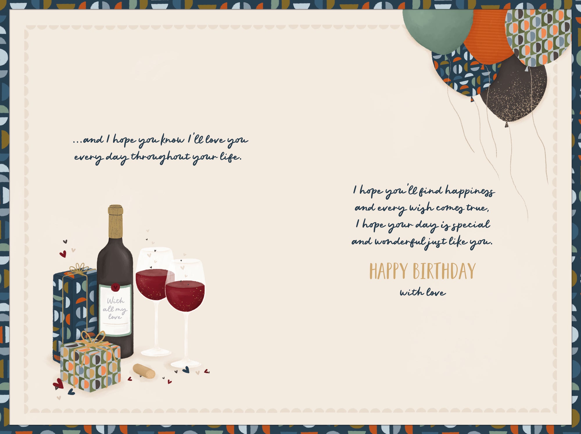 Luxury Birthday Card 'To My Amazing Husband', Red Wine, Gifts And Balloons Design With Shimmering Foil Detail By Wishing Well Studios, Size 6 X 9 Inches