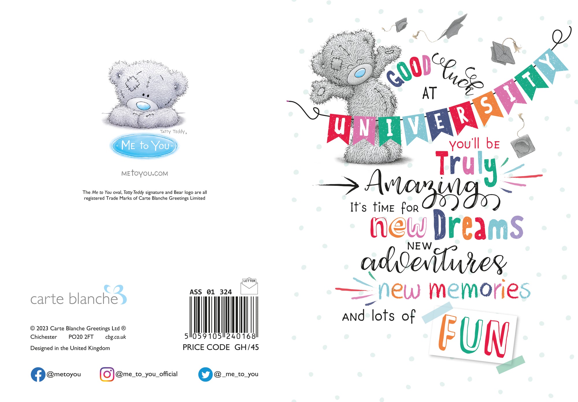 Me to You Tatty Teddy Good Luck At University Greeting Card 5x7ins - Official Collection