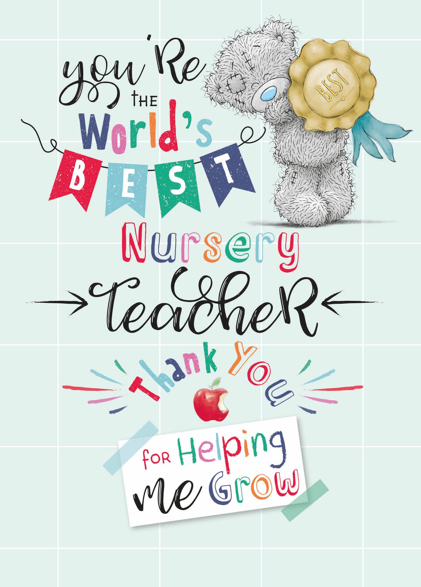 Me to You Tatty Teddy 'World's Best Nursery Teacher' Cute Thank You Card, Bear With With Gold Medal, 7 X 5 Inches - Official Collection