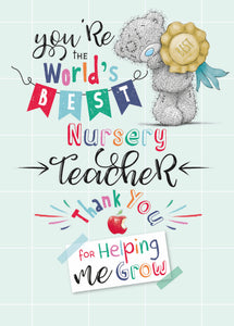 Me To You Tatty Teddy 'World's Best Nursery Teacher' Cute Thank You Card, Bear With With Gold Medal, 7 X 5 Inches - Official Collection