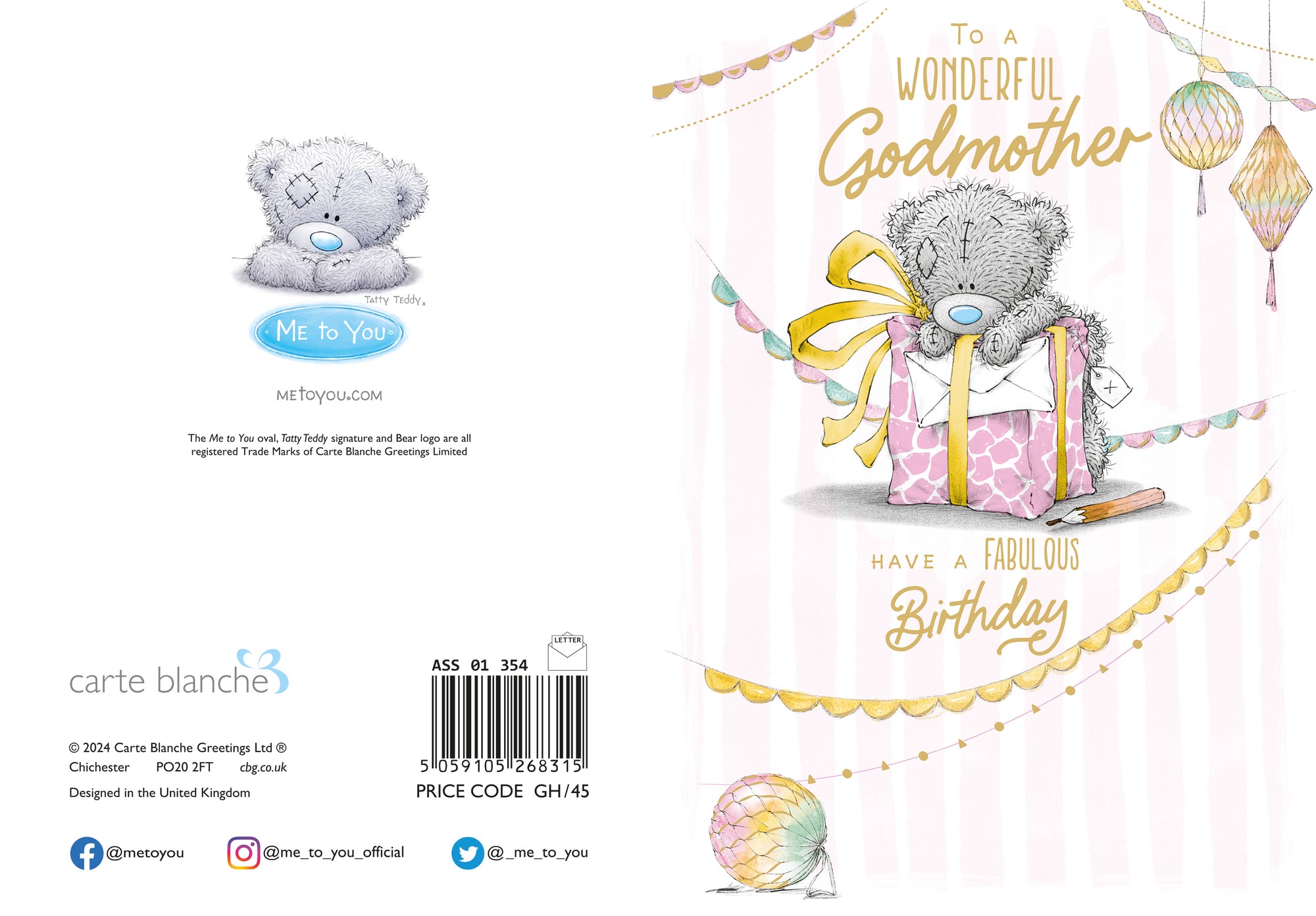 Me to You Tatty Teddy Cute Birthday Greetings Card 'To A Wonderful Godmother' - Official Collection