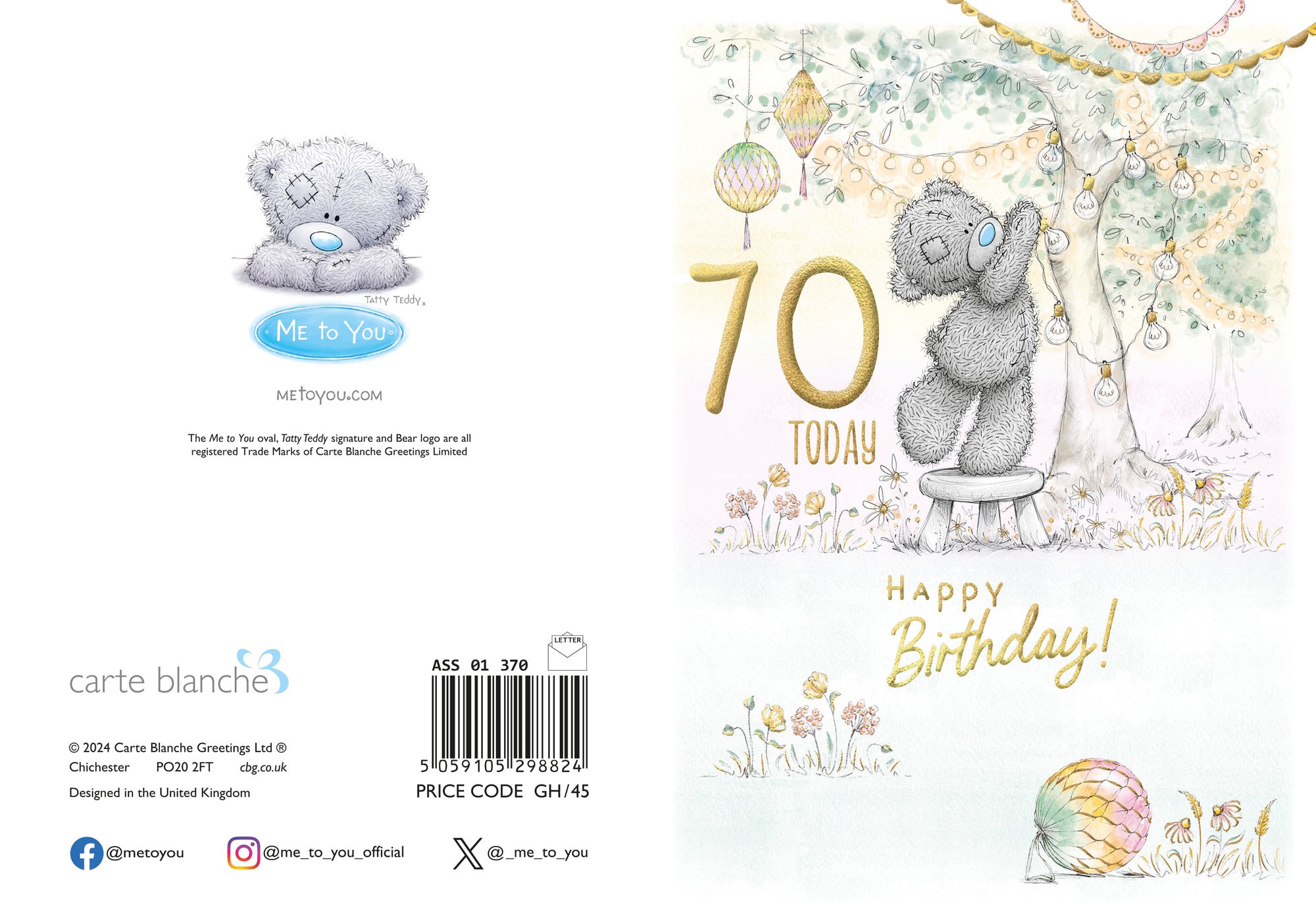 Me to You Tatty Teddy Cute 70th Birthday Card, Bear With Lanterns -  5 x 7