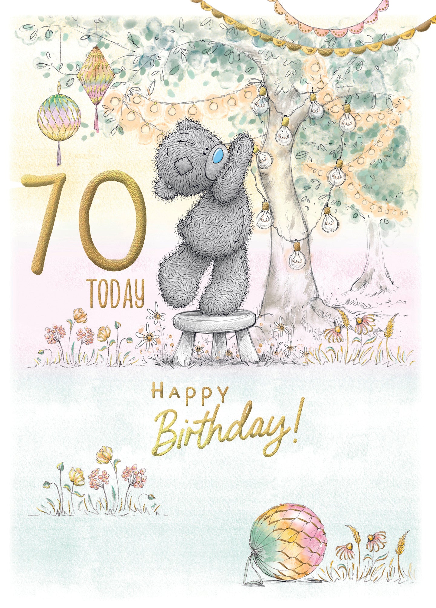 Me to You Tatty Teddy Cute 70th Birthday Card, Bear With Lanterns -  5 x 7