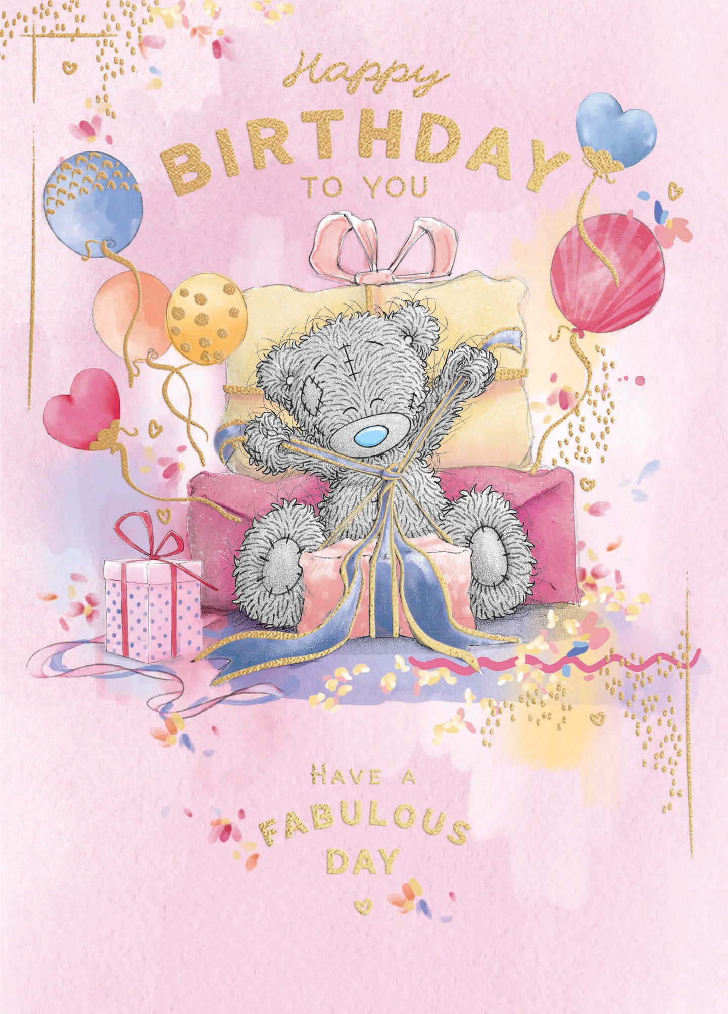 Me To You Tatty Teddy Cute Birthday Card  For Friends Or Family, Tatty Teddy Sat Amongst Gifts 12.7 X 22.8 cm - Official Collection