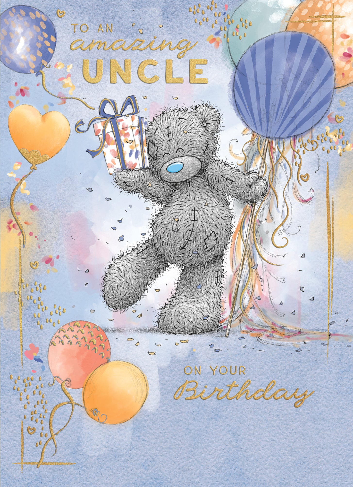 Me To You Tatty Teddy Amazing Uncle Balloons And Gift Luxury Gold Foil Birthday Card, 5 X 7 inches - Offical Collection