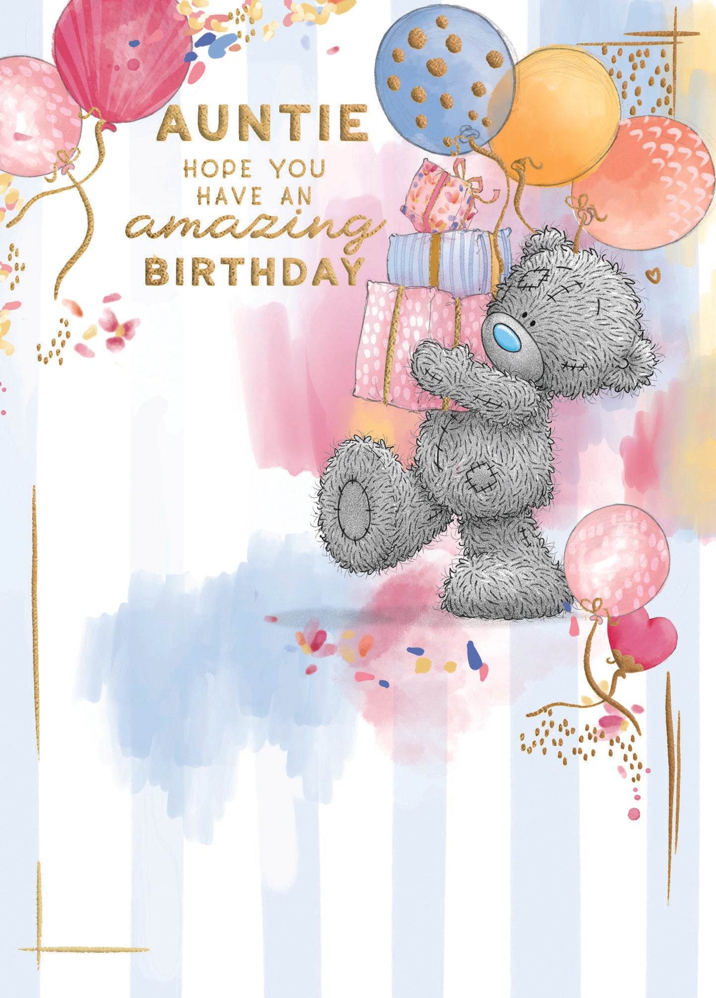 Me to You Tatty Teddy 'To An Amazing Auntie' Bear With Gifts Luxury Gold Foil Birthday Card, 6 X 9 Inches - Official Collection