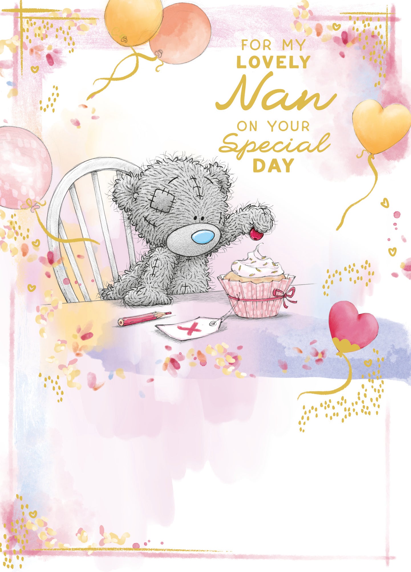 Me to You Tatty Teddy 'For My Lovely Nan' Bear With Cupcake Luxury Gold Foil Birthday Card, 6 X 9 Inches - Official Collection