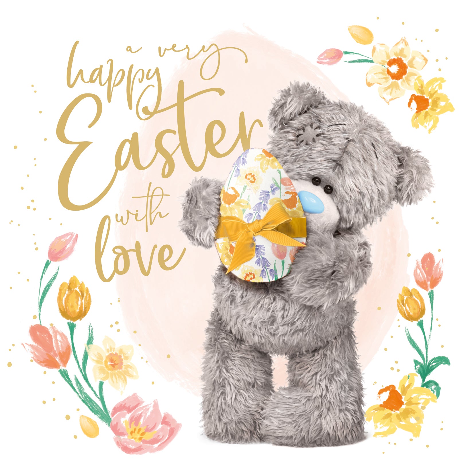 Me to You Tatty Teddy Happy Easter Card, with Spring Flowers and Tatty Teddy holding an Easter Egg 14 x 14cm - Official collection