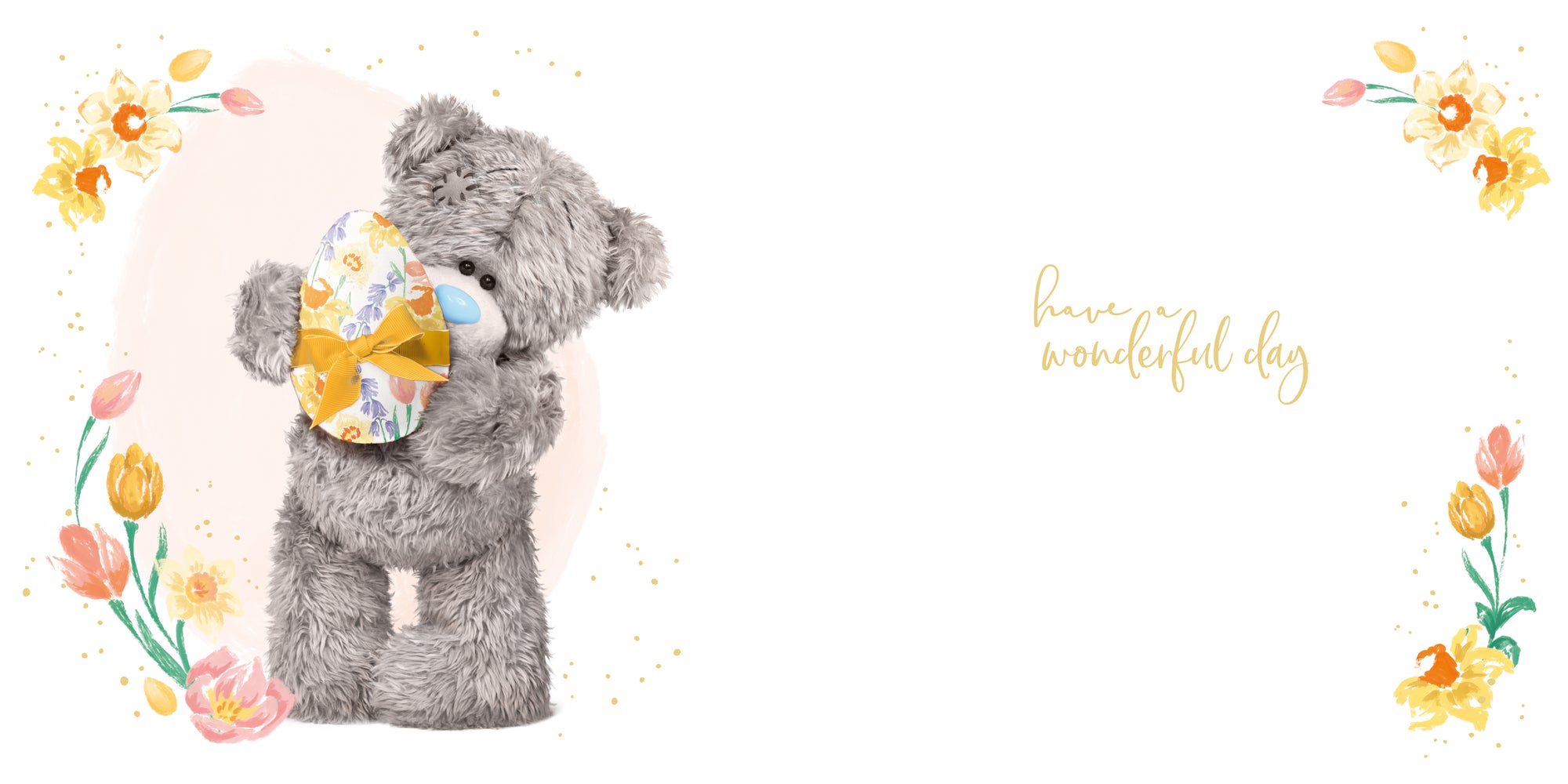 Me to You Tatty Teddy Happy Easter Card, with Spring Flowers and Tatty Teddy holding an Easter Egg 14 x 14cm - Official collection