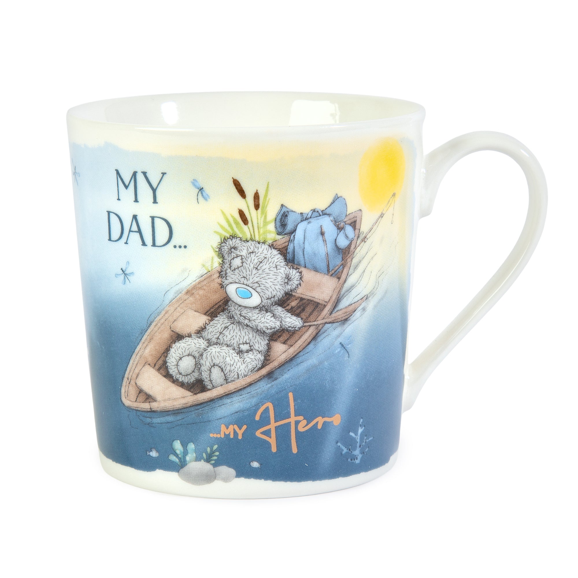 Mug with teddy bears in a boat design and text 'My Dad... My Hero' on a white background