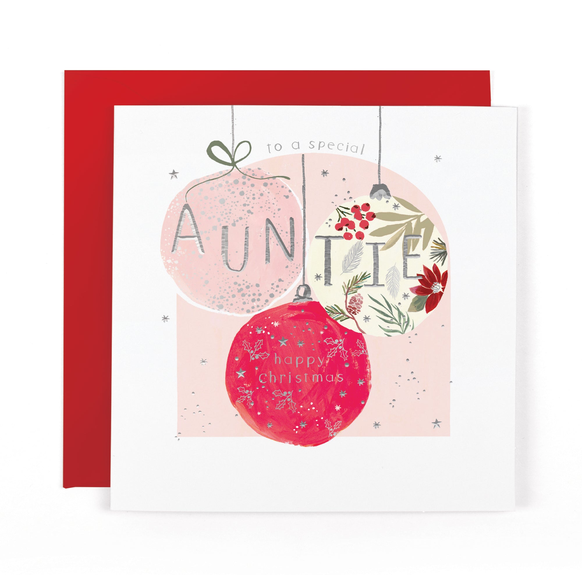 Hotchpotch Luxury Christmas Card To A Special Auntie, Three Modern and Contemporary Baubles  , 6 x 6 Inches