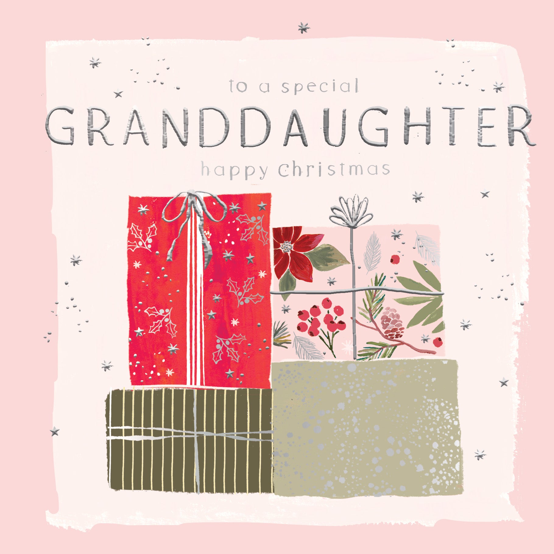 Hotchpotch Luxury Christmas Card To A Special Granddaughter, Stack Of Beautifully Wrapped Christmas Gifts With Silver Foil Detail, 6 x 6 Inches