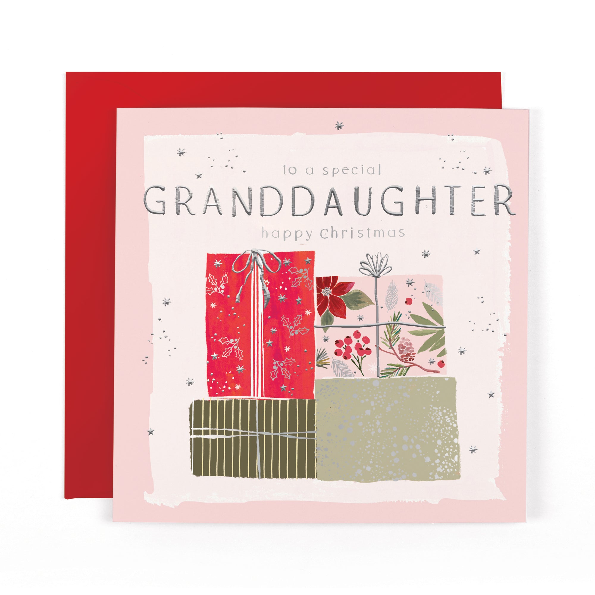Hotchpotch Luxury Christmas Card To A Special Granddaughter, Stack Of Beautifully Wrapped Christmas Gifts With Silver Foil Detail, 6 x 6 Inches