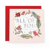 Hotchpotch Luxury Christmas Card Wishing All Of You A Happy Christmas, Three Robins In A Botanical Wreath, 6 x 6 Inches