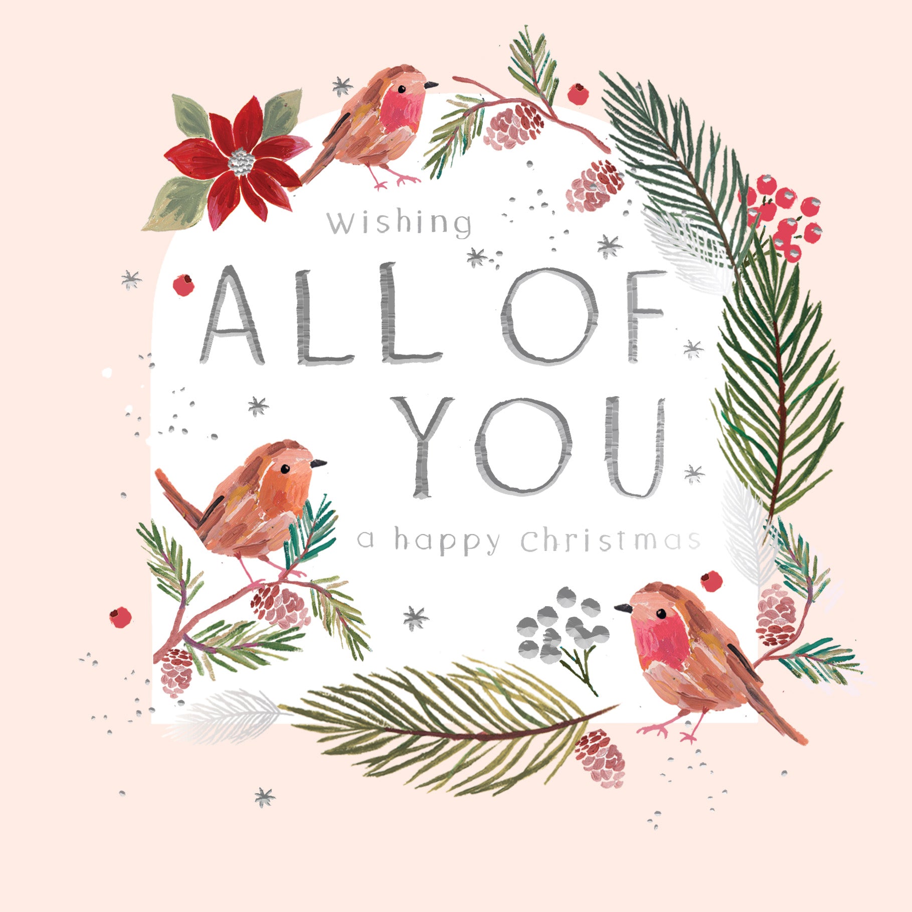 Hotchpotch Luxury Christmas Card Wishing All Of You A Happy Christmas, Three Robins In A Botanical Wreath, 6 x 6 Inches